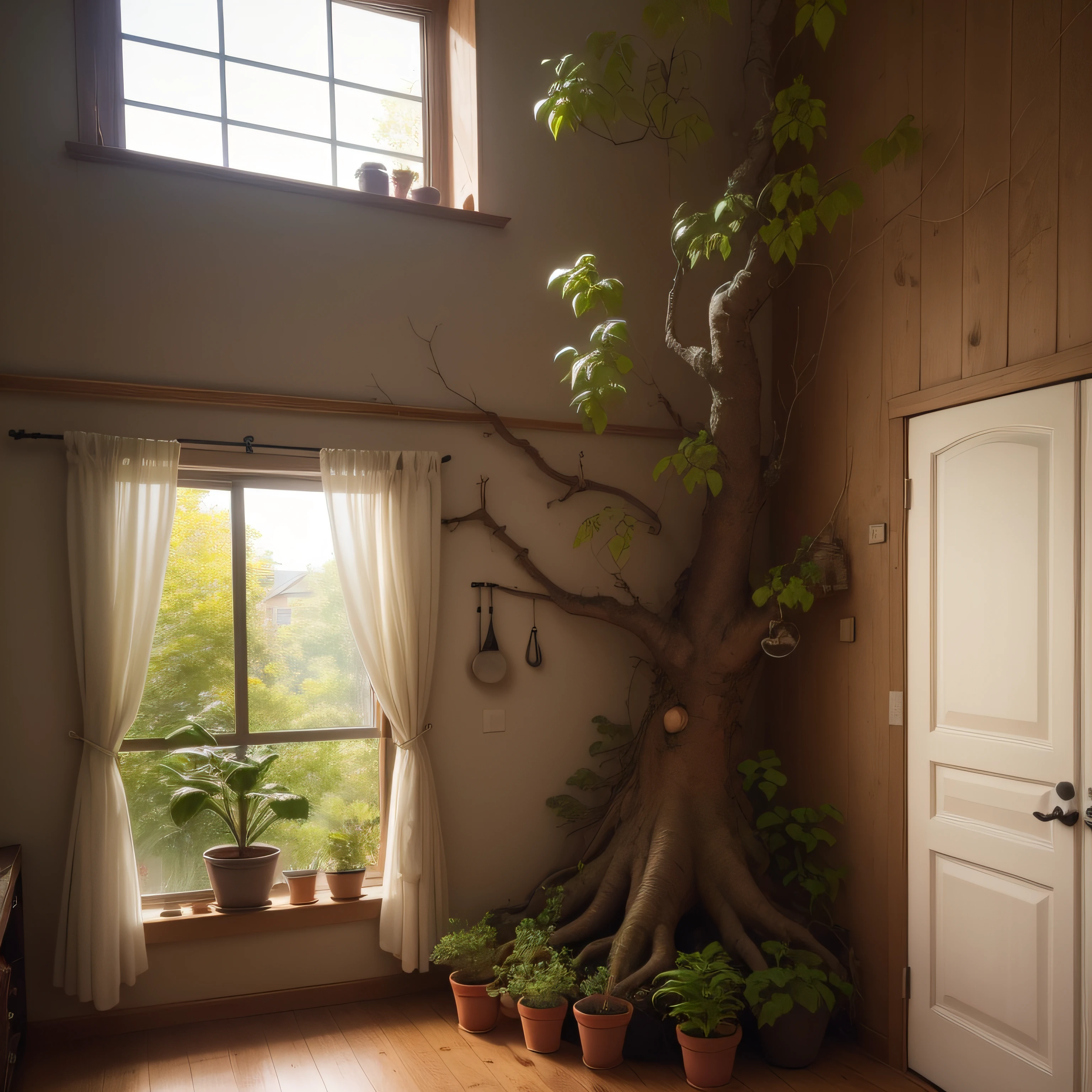 Furniture trees：Trees grow out of the space of the house, The roots of the tree are coiled into 1-meter-high steps, The roots and branches of the tree surround the four bedrooms, two living rooms, one kitchen and four bathrooms, The interior floor is surrounded by new roots and branches that form furniture, The leaves grow into various kinds of paper, Some of the branches grew into pots and pans, The taller trunks grew into small two-story buildings, The tree trunk sticks out again to form a balcony, The leaves on the balcony grew into curtains, Some vines also dangled into curtains, high detail, Romanticism, chiaroscuro, 8k --auto