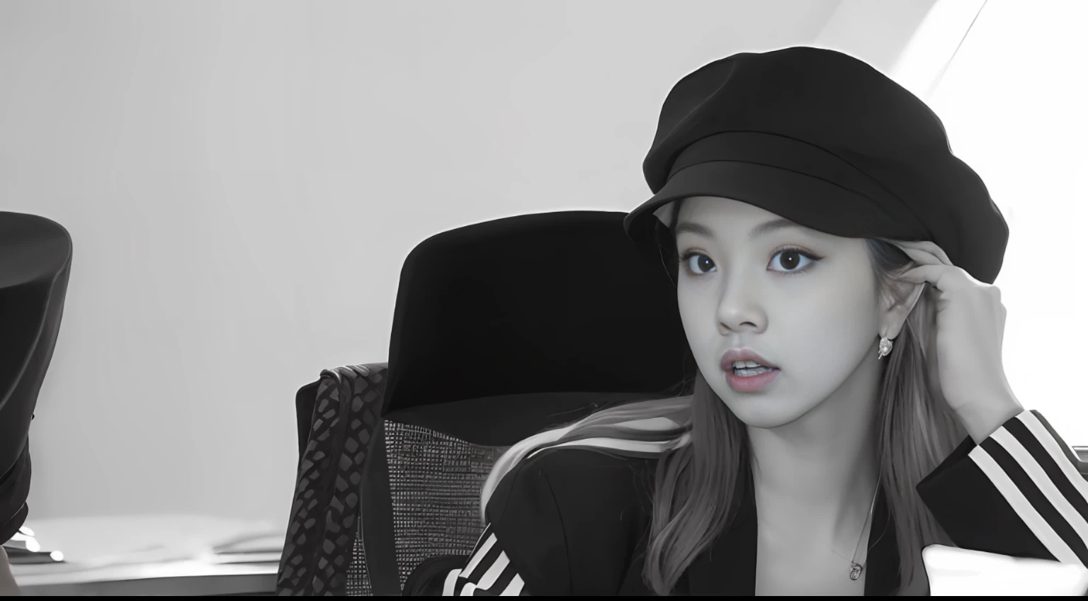 There was a woman sitting at the table，With a hat on, cl, Granular monochrome photo, portrait of jossi of blackpink, grainy black and white photo, jossi of blackpink, cover photo portrait of du juan, roseanne park of blackpink, b&W photo, with hat, heonhwa choe, grainy black and white photo