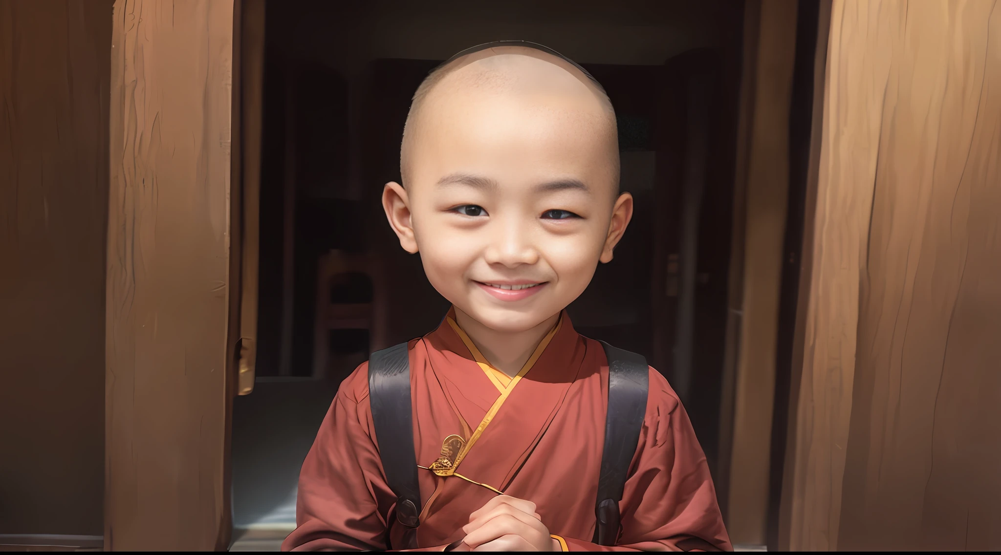 The Alavid in a yellow robe stood in the doorway, portrait of monk,dhist monk, mononk cls, hap smiling at the camera, a serene smile, smiling at camera, buddhist, 2 1 st century monk, Serene expressiwhile smiling for a photograph, With a happy expression, peaceful expression, smiling at camera, smiling at camera