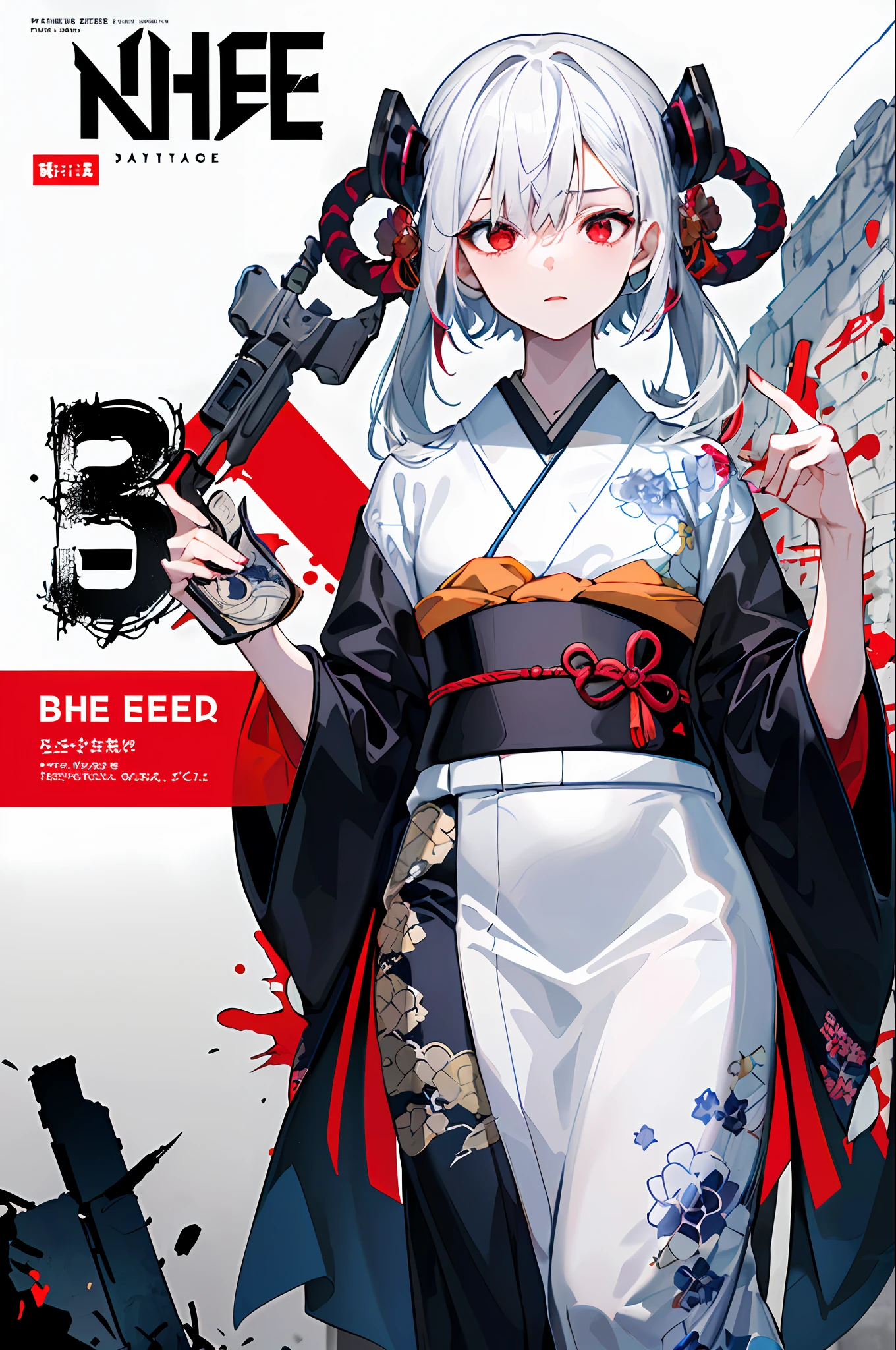((((dramatic))), (((gritty))), (((intense))) film poster featuring a young woman as the central character. She stands confidently in the center of the poster, kimono outfit, with a determined expression on her face. The background is dark and gritty, with a sense of danger and intensity. The text is bold and attention-grabbing, with a catchy tagline that adds to the overall feeling of drama and excitement. The color palette is mainly dark with splashes of vibrant colors, giving the poster a dynamic and visually striking appearance,tachi-e
(magazine:1.3), (cover-style:1.3), fashionable, woman, vibrant, outfit, posing, front, colorful, dynamic, background, elements, confident, expression, holding, statement, accessory, majestic, coiled, around, touch, scene, text, cover, bold, attention-grabbing, title, stylish, font, catchy, headline, larger, striking, modern, trendy, focus, fashion,long hair, kimono , white hair, red eyes ,
