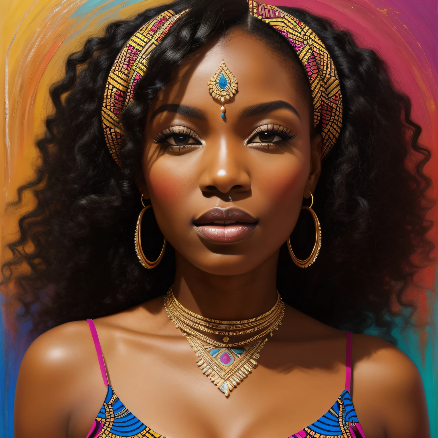 An image of a stunning black woman depicted in vibrant colors and patterns, celebrating her African heritage. The artwork showcases intricate details and bold brushstrokes, capturing the essence of her beauty and radiance. The image is ideal for a contemporary and culturally inspired wall art piece.