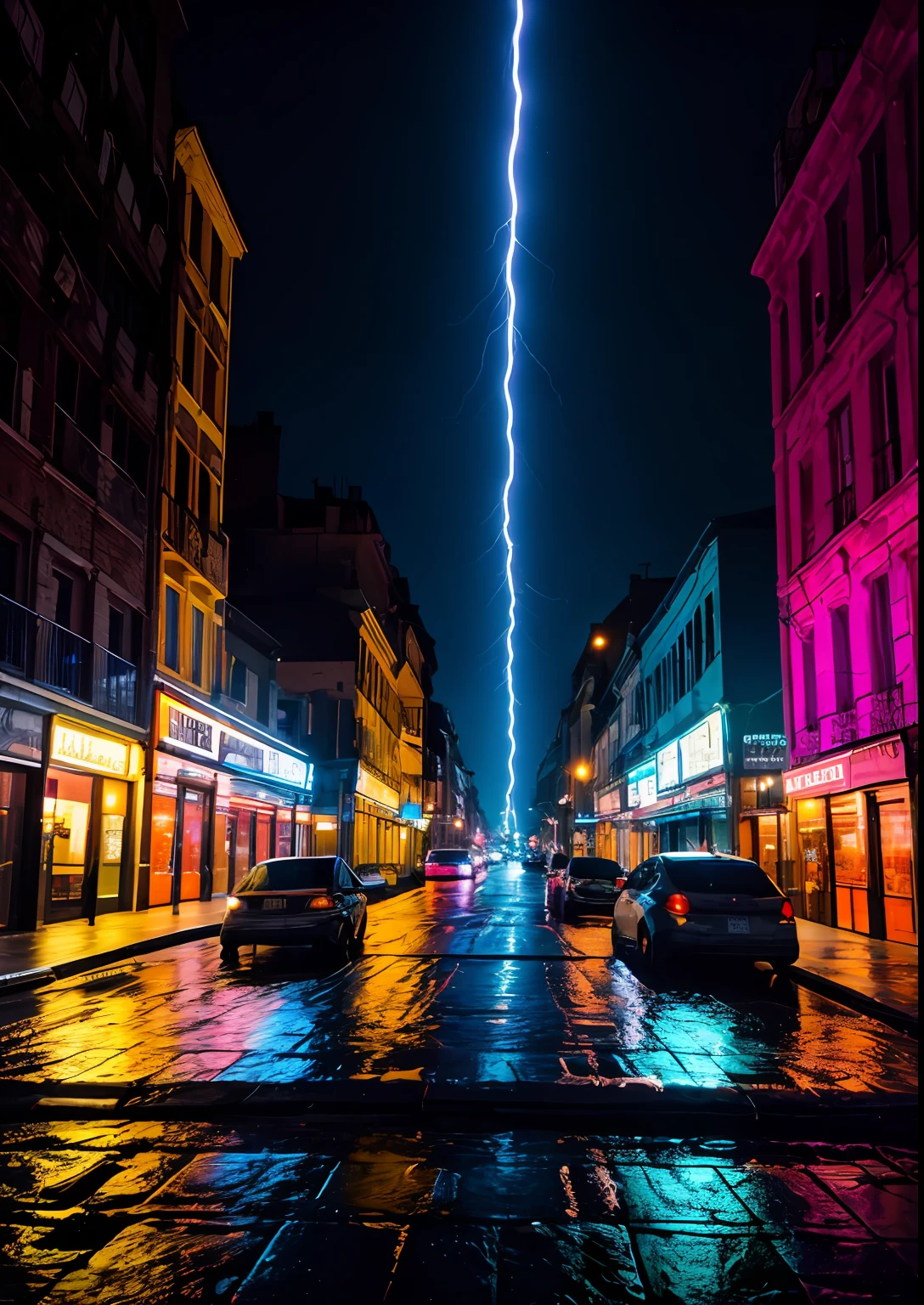 Foto RAW de un paisaje,noche de lluvia en la ciudad, truenos y luces neon