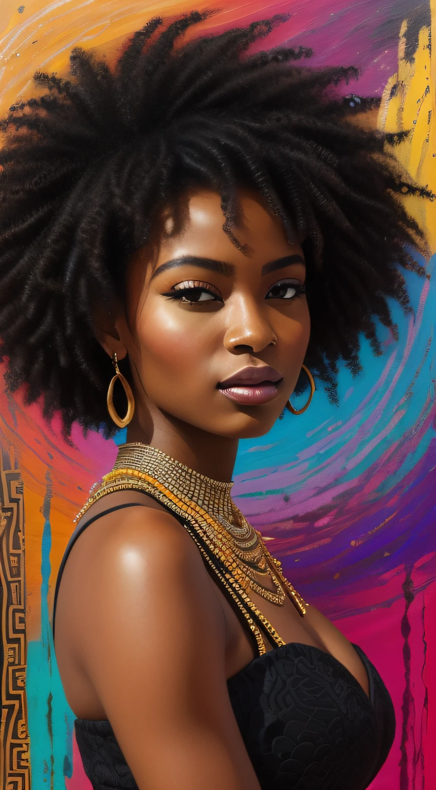 An image of a stunning black woman depicted in vibrant colors and patterns, celebrating her African heritage. The artwork showcases intricate details and bold brushstrokes, capturing the essence of her beauty and radiance. The image is ideal for a contemporary and culturally inspired wall art piece.