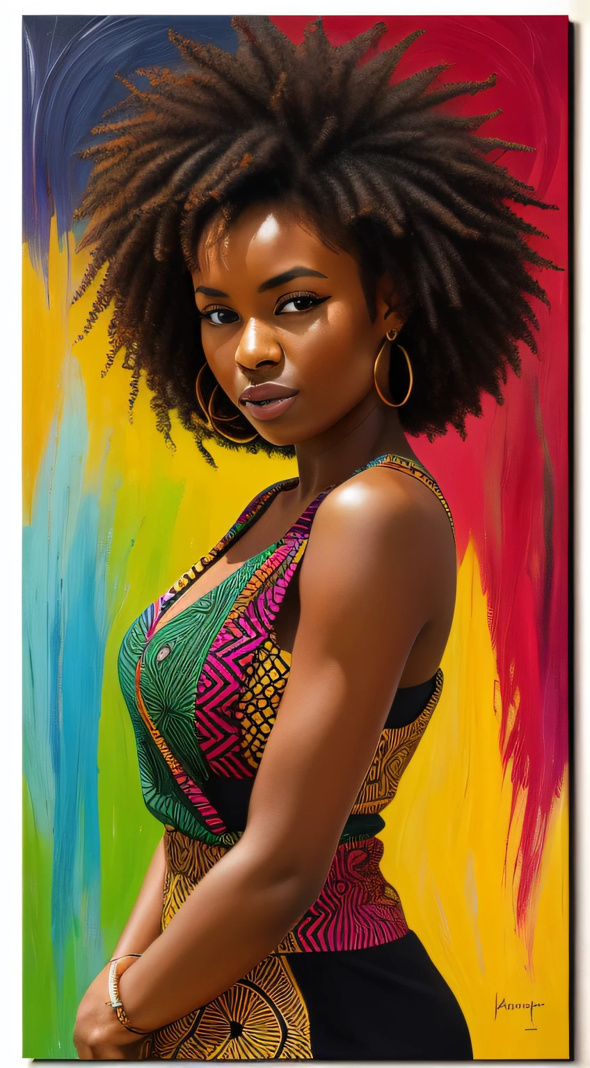 An image of a stunning black woman depicted in vibrant colors and patterns, celebrating her African heritage. The artwork showcases intricate details and bold brushstrokes, capturing the essence of her beauty and radiance. The image is ideal for a contemporary and culturally inspired wall art piece.