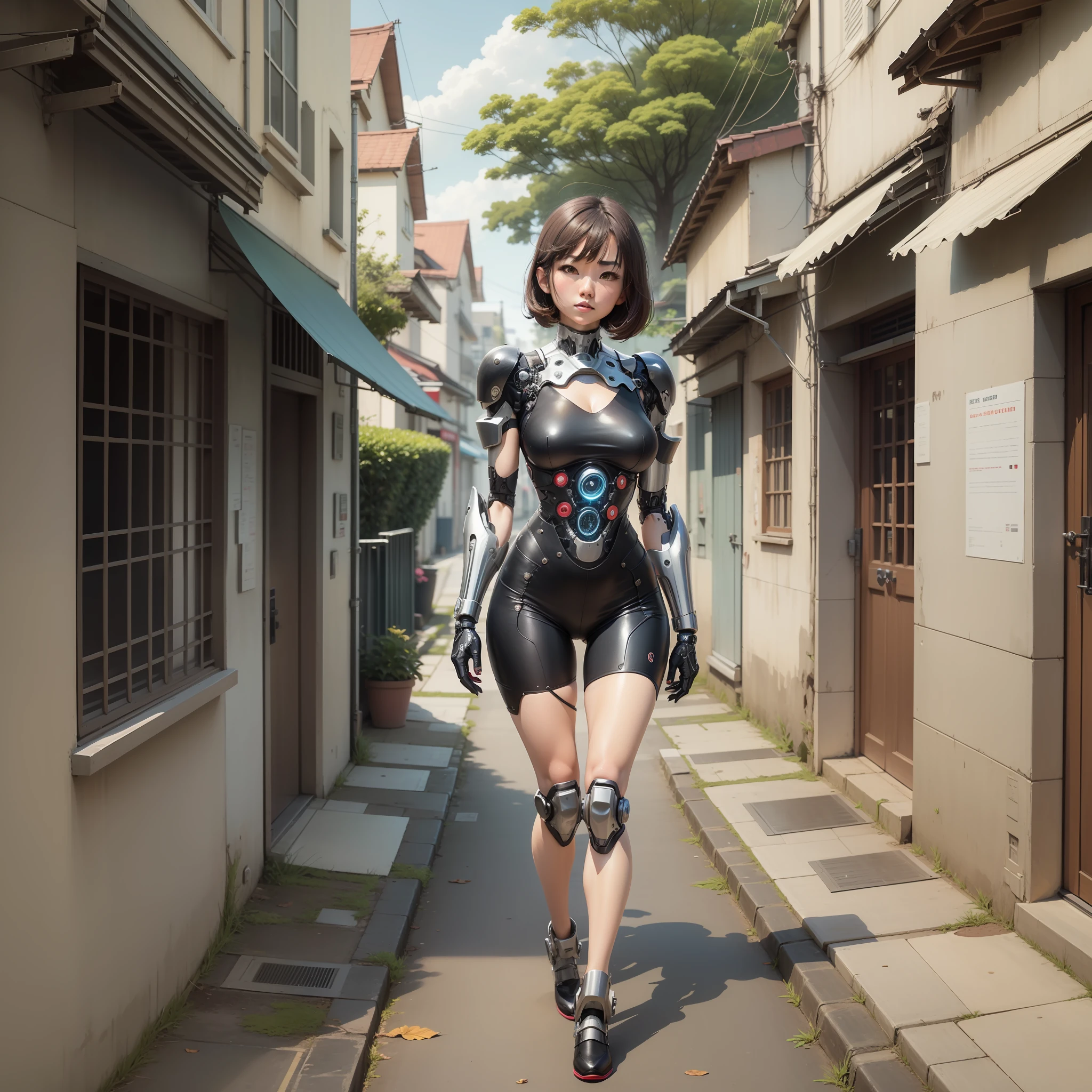 Quadrinho 1:
(Ayumi is walking down the street, with gleaming cybernetic limbs)
Ayumi tem quase todo o seu corpo ciborgue. anime manga style
