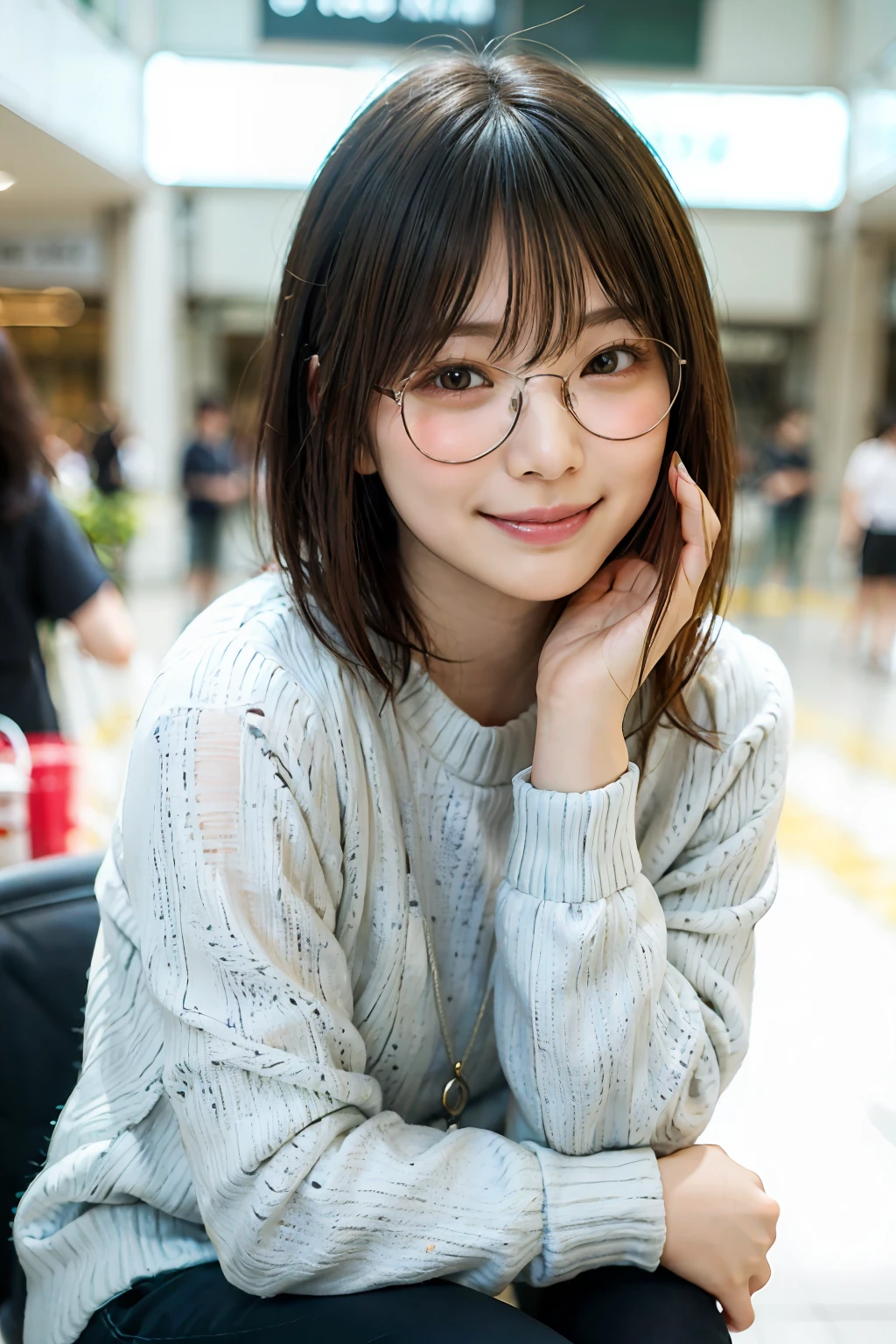 Japan girl in casual clothes in shopping mall、looking at the viewers、Pose with a smile(beste-Qualit、​masterpiece)))、A high resolution、highly detaile、​masterpiece、电影灯光、(8K、beste-Qualit、​masterpiece:1.2)、(realisitic、a photorealistic:1.37) Hi-Res、The ultra-detailliert、1girl in 、Woman with glasses、Thin frame round glasses、Green frame glasses、asian human, cute little, cute  face, 独奏, Short hair 1.2, Textured skin, beatiful smiling face, Beautiful detailed sky, 电影灯光, depth of fields, Lens flare light、sitting on、Dating、(blushing nose)、(a smile:1.15)、(Mouth closed)tiny chest、beautiful finely detailed eyes、(Light blue sweater:1.1)、(shorth hair:1.2)、Floating Hair Nova Frog Style、