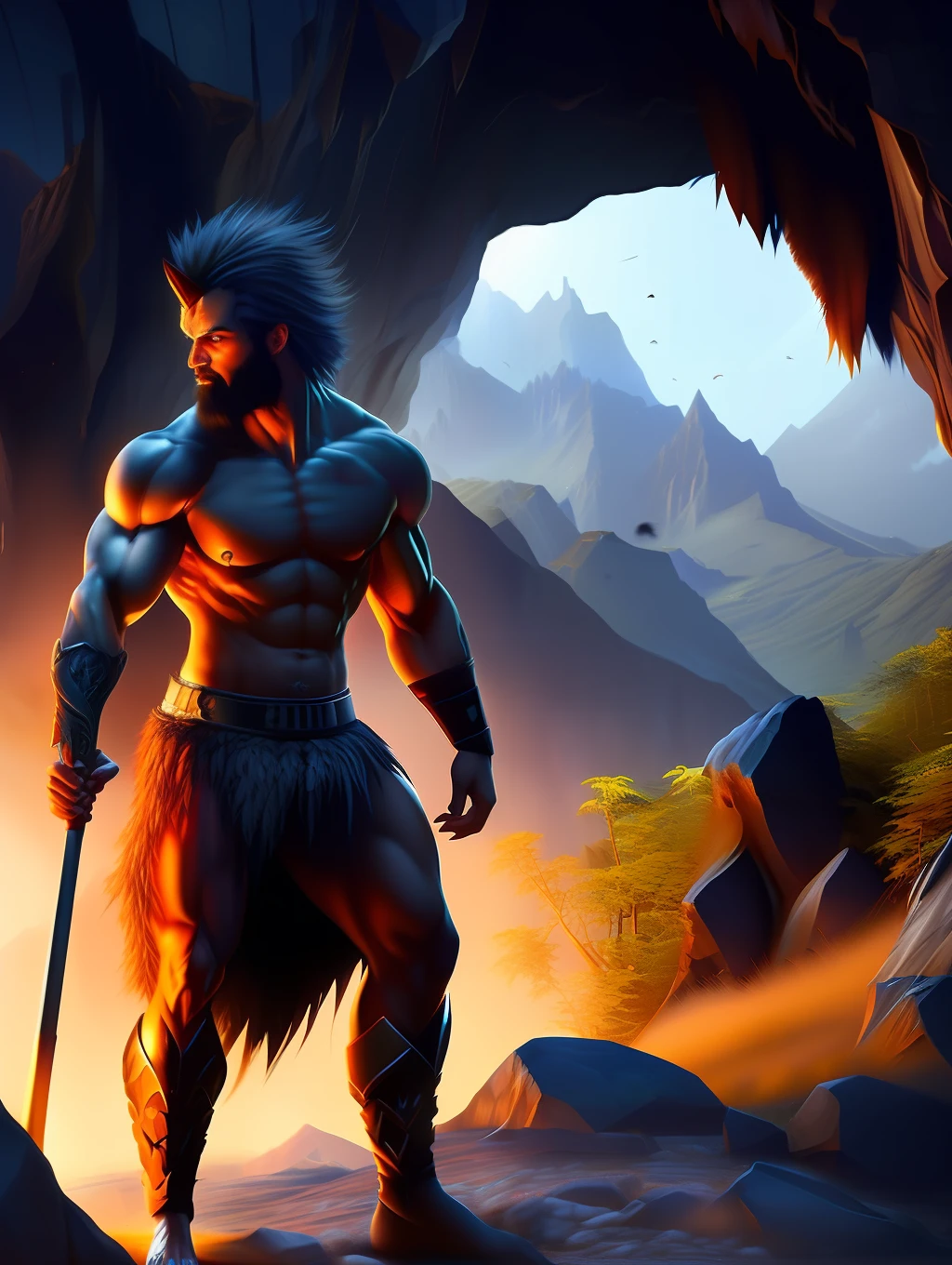 (1boy) (male) ((front view)) ((figure fills frame)) ((facing viewer)) Insanely Handsome, very detailed flawless face, detailed open eyes, very attractive and handsome, epic, heroic, (muscular) bodybuilder, ((big muscles)), ((large pectorals)), narrow waist, short messy hair. ((hairy chest)), ((hairy legs)). Wearing fur loin cloth, carrying a wooden spear. Emerging from a (partially dark cave) entrance. It is (night), the only source of light is a large campfire out of view. Highly detailed fantasy art, dramatic volumetric light, artstation, beautiful modern fantasy illustration.