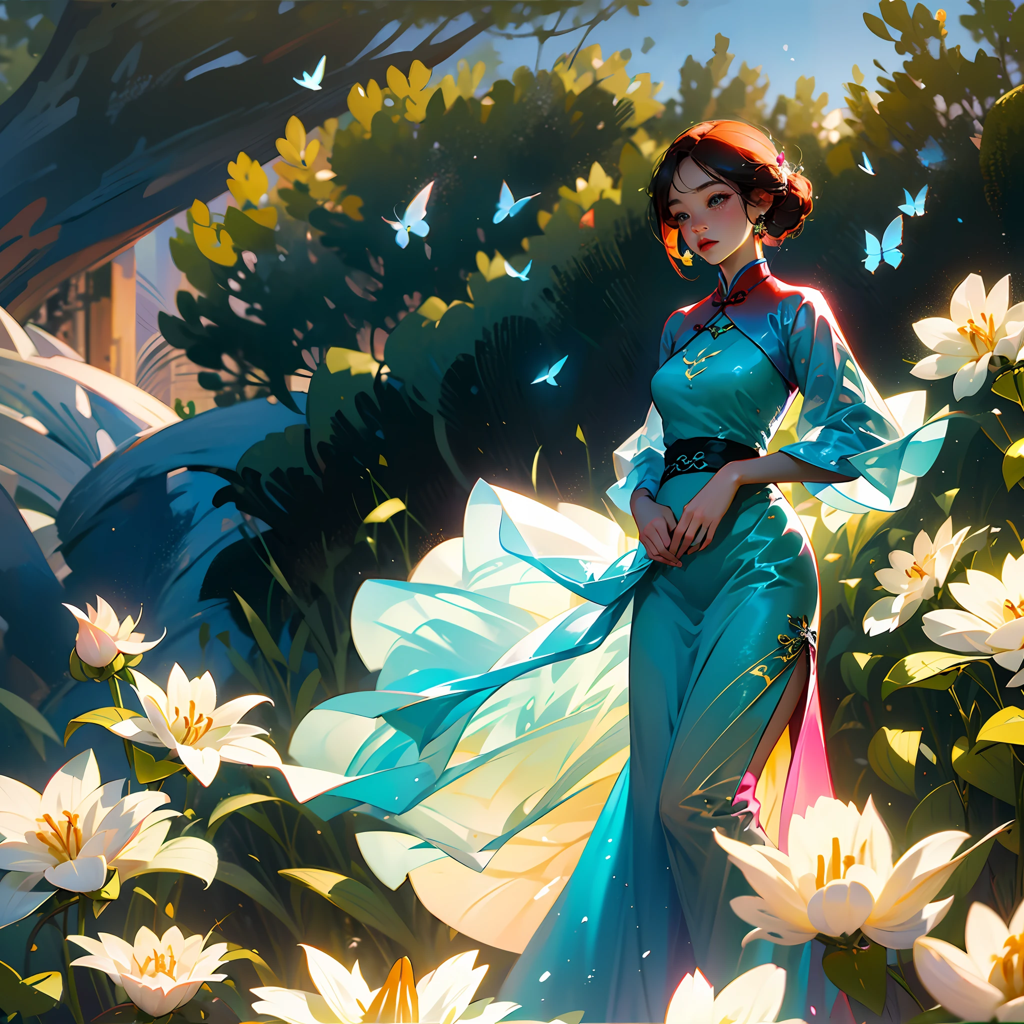 She is a butterfly among flowers，It is the bud among the lilies。No matter what clothes are worn on her，Always so dignified and good-looking。She was dressed in a fuchsia cheongsam，Look at it from afar，It's like a little butterfly flying by，It's beautiful and fit，And the color is soft --auto