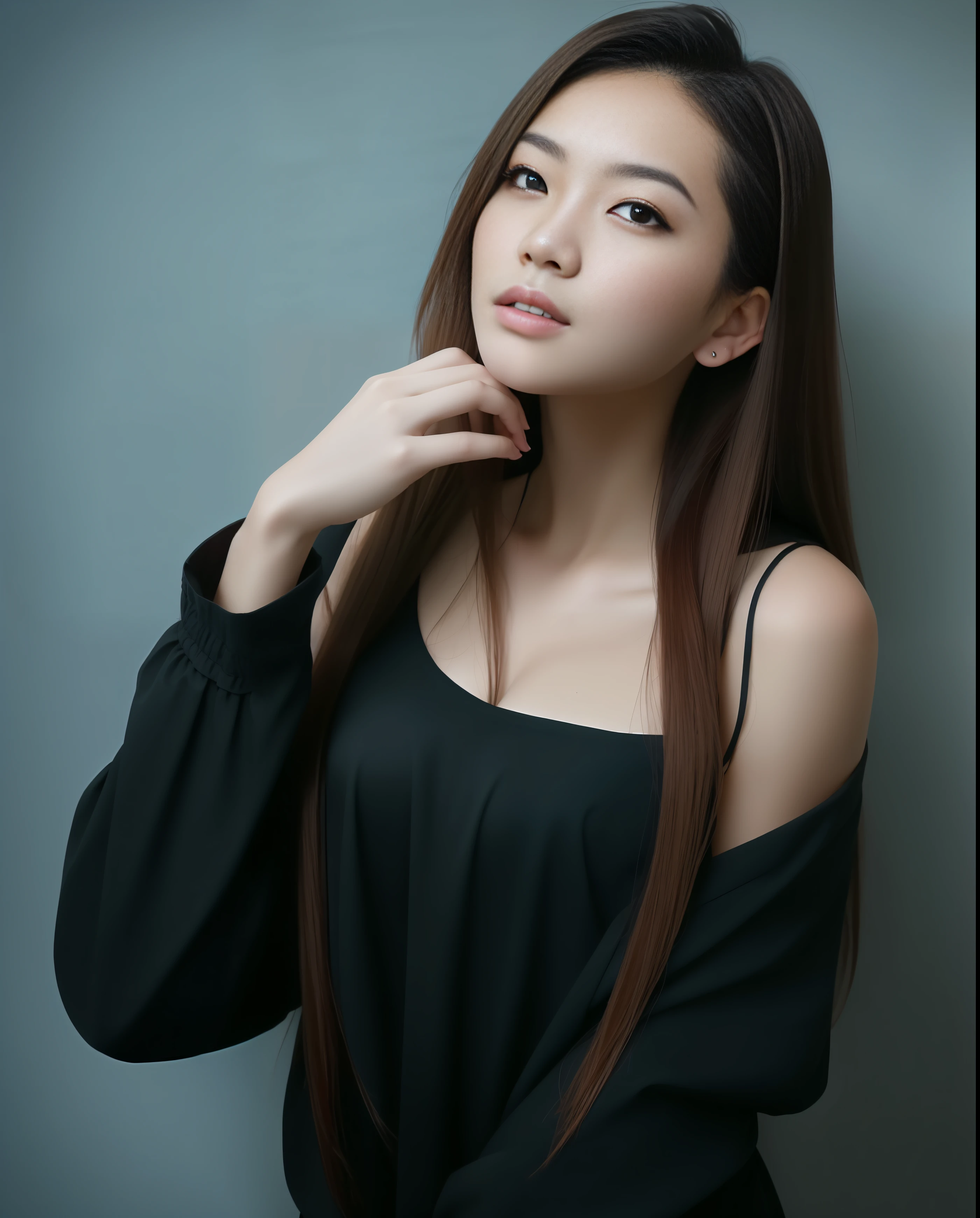arafed woman in black shirt posing for a picture with her hand on her chin, asian girl, ruan cute vtuber, nivanh chanthara, attractive girl, an asian woman, ruan jia beautiful!, asian female, a young asian woman, asian girl with long hair, beautiful asian girl, lovely woman, captured on canon eos r 6, bikini, nipple
