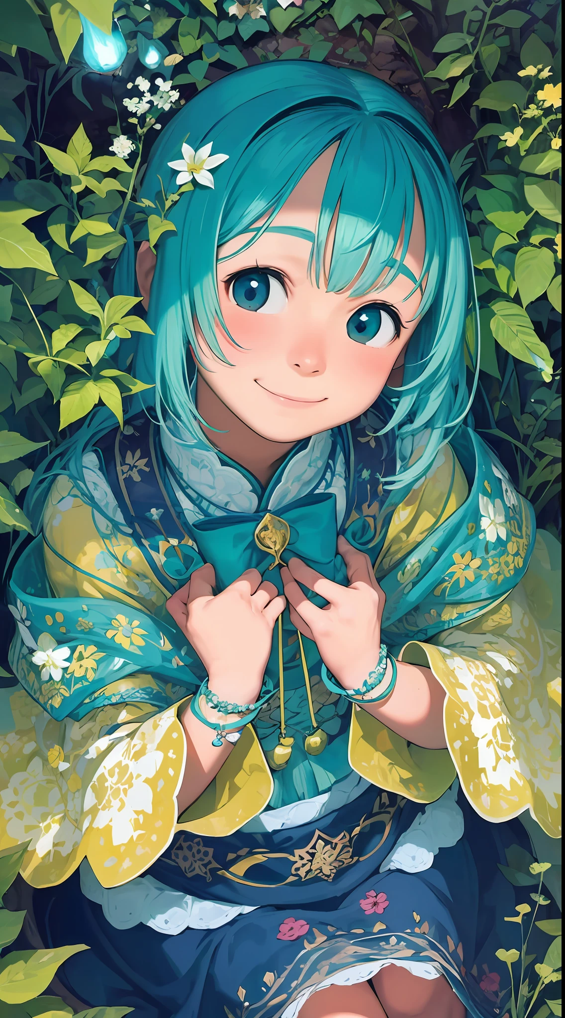 She is in the Enchanted Forest、Playing with the spirits。Her smile conveys innocence and joy、Symbolizes the bond with the magic of the forest。beste-Qualit、Angle from above,
High angle