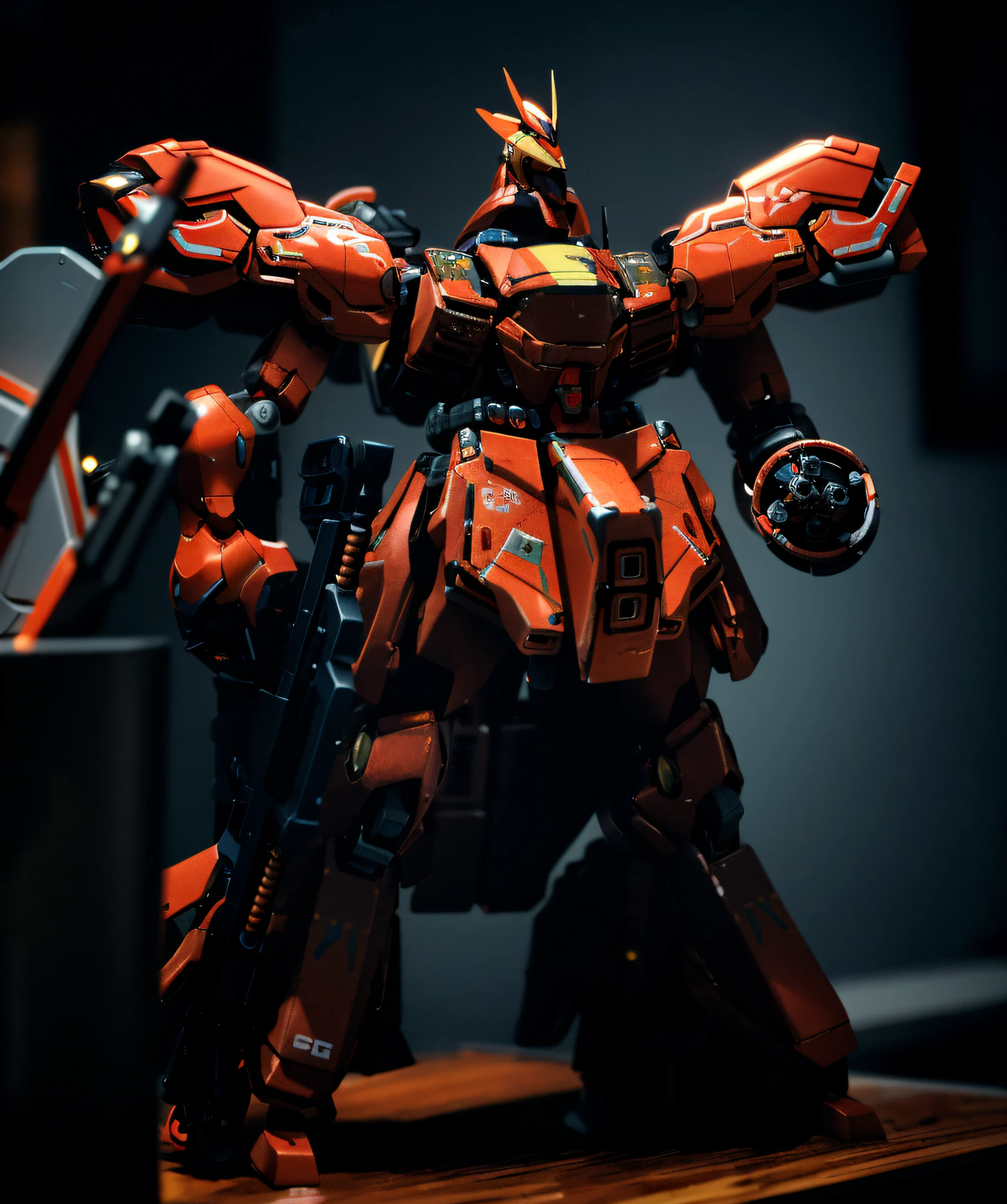 there is a toy of a robot with a gun on a table, sazabi, armored core style mecha, action figure mecha, GUNPLA, highly detailed toy, cinematic shot ar 9:16 -n 6 -g, japanese mecha, high quality masterpiece painted, Red mech, Mecha suit, toy photo, taken with canon 5d mk4