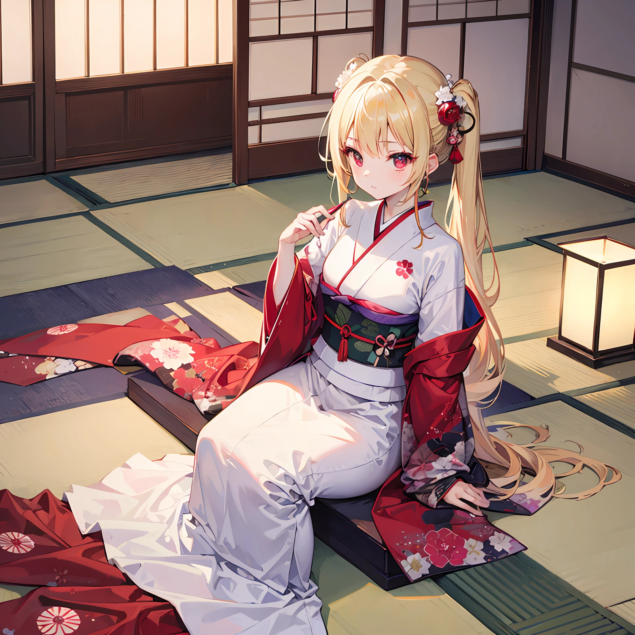 One blonde girl、Red-eyed、Kimono、traditional Japanese room