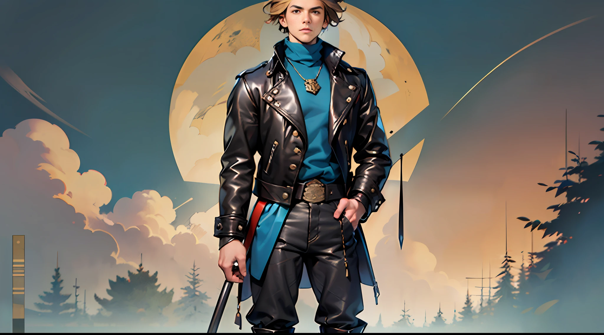 23-year-old young man, short hair,leather jacket, loose pants, knee-high leather boots, holding a telescope,(18th century clothing style:1.3),(Standing posture:1.5),(full body:1.6)