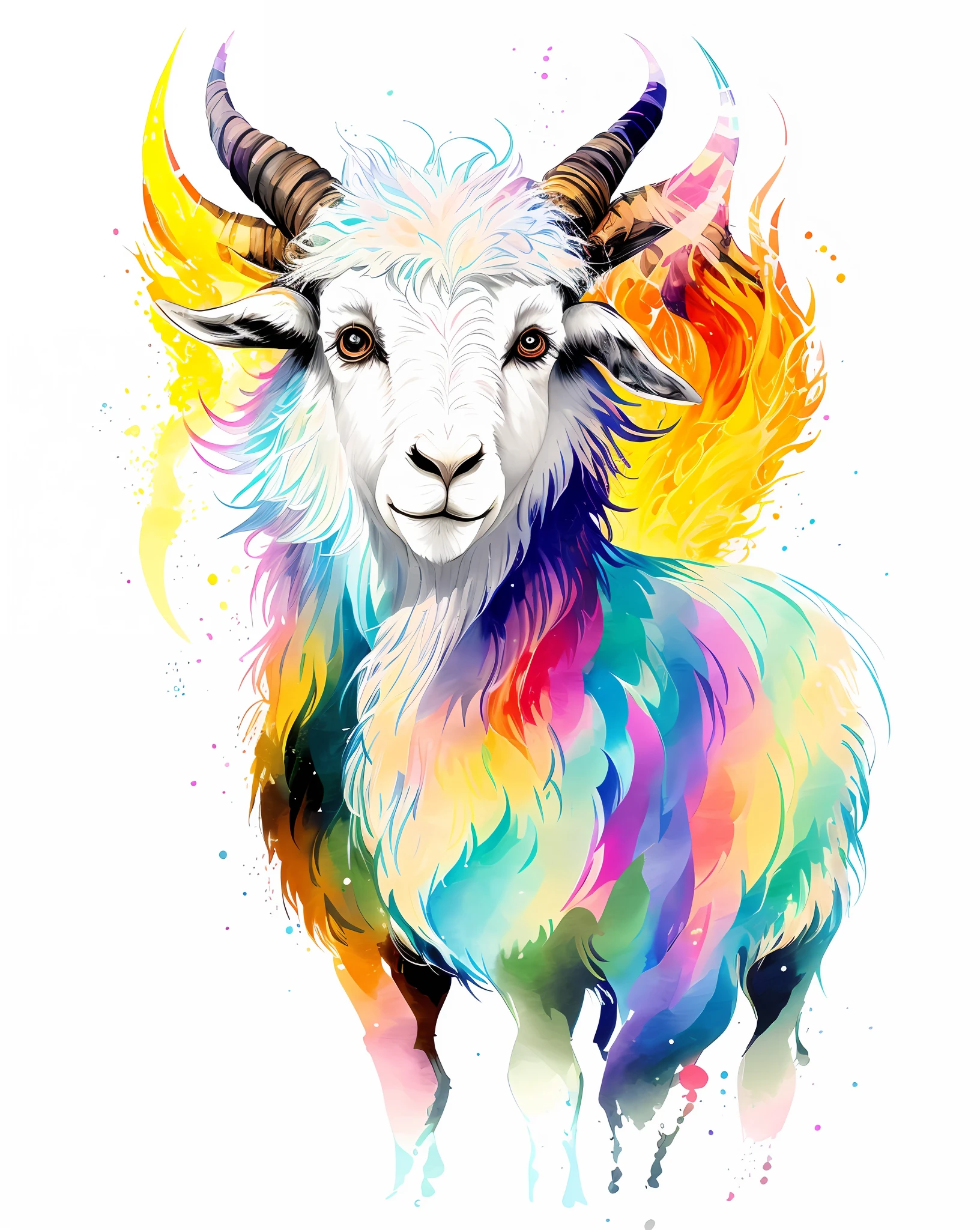 ???，Painting of a small goat with rainbow mane and white background, rainbow sheep like cotton candy, painted in bright water colors, colorful digital painting, cute colorful adorable, Whimsical demons and rainbow fur, Colorful illustrations, Rainbow fur, digital art animal photo, Colorful picture, vibrant digital painting, flames of fire, Colorful illustrations, wild fluffy llama portrait, Cute digital painting