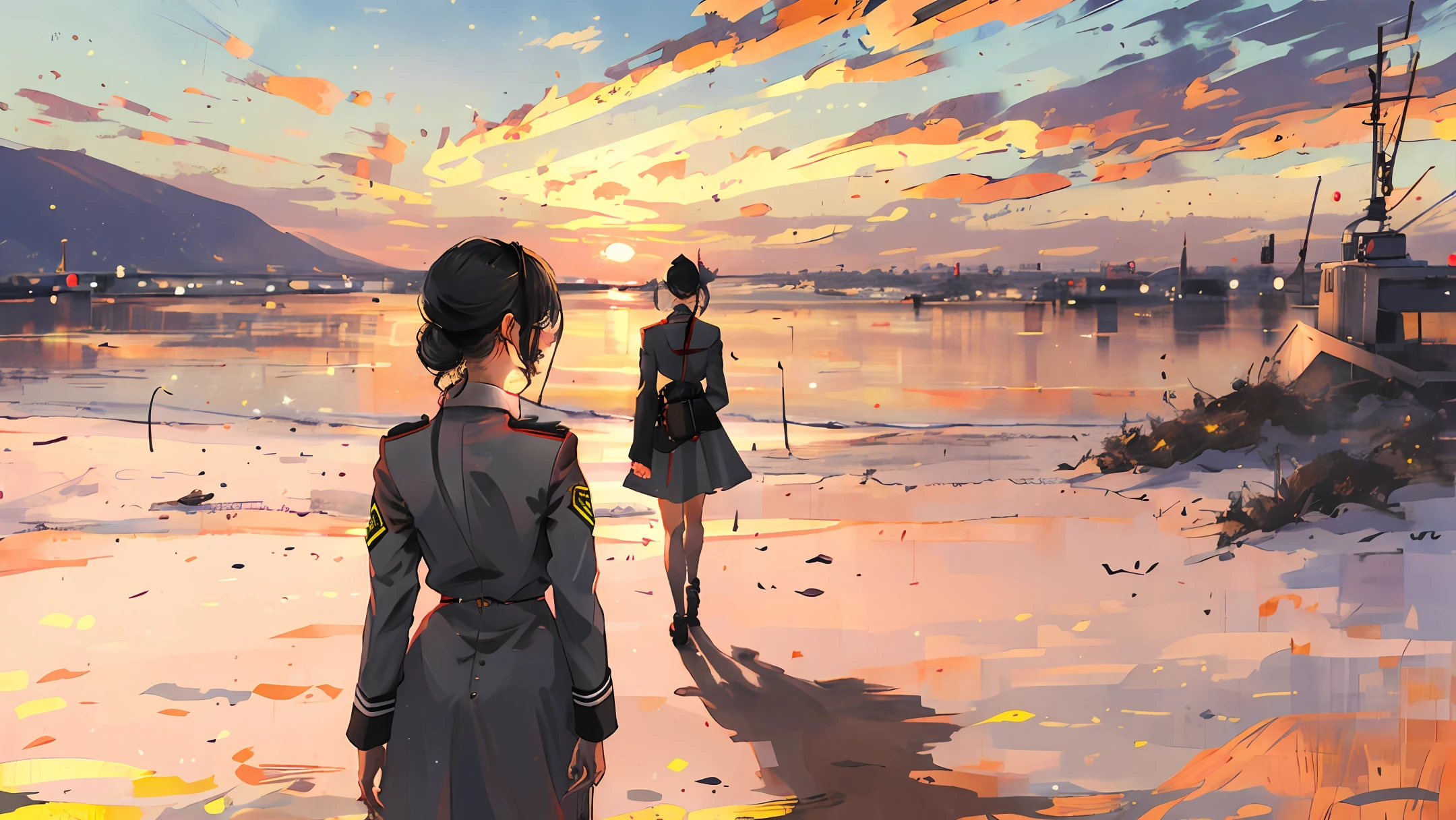 The back of the soldier and his girlfriend in the sunset