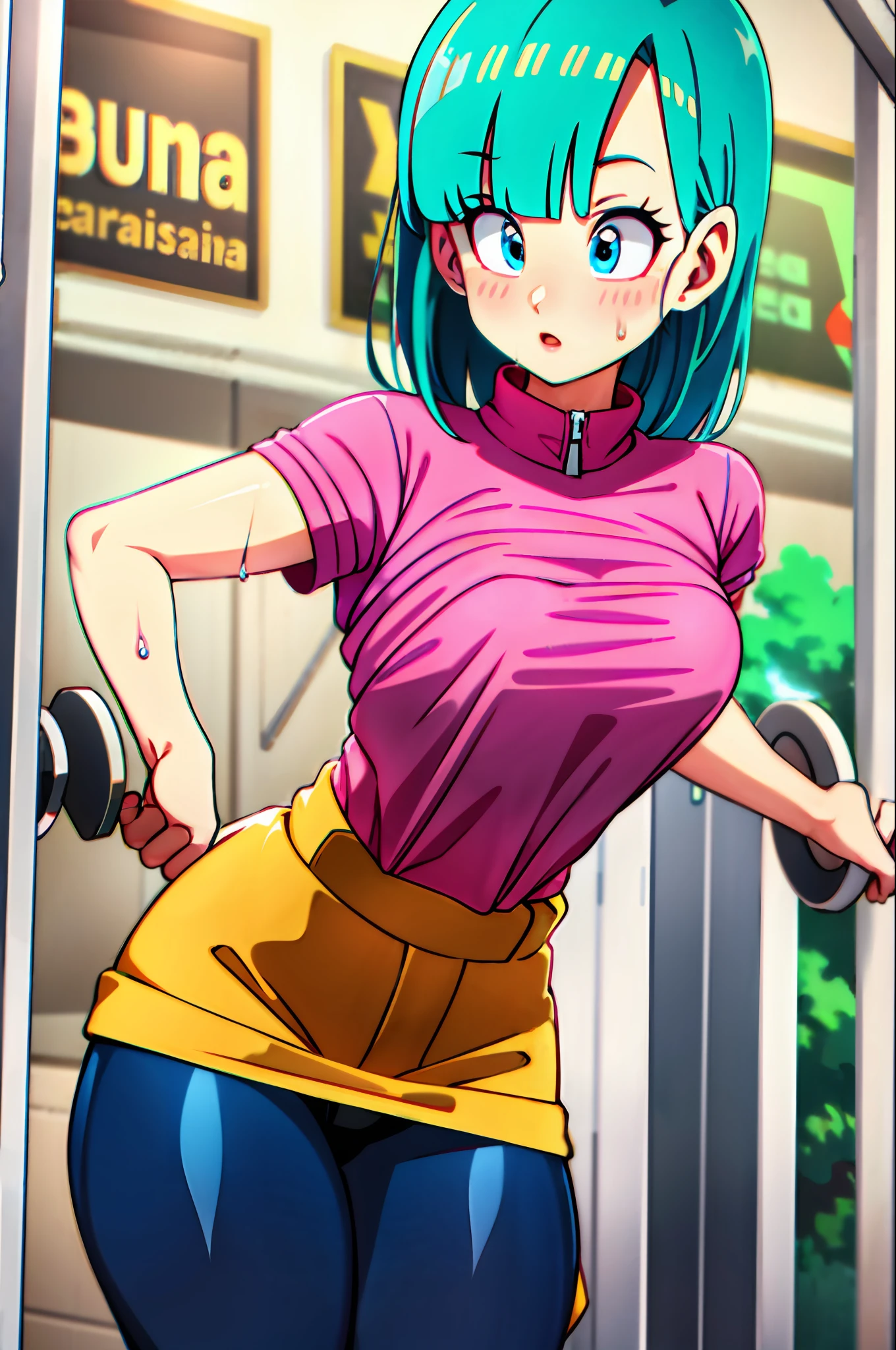 Bulma, best quality, skintight clothes, wet clothes, lifting shirt, pink shirt, bulma shirt