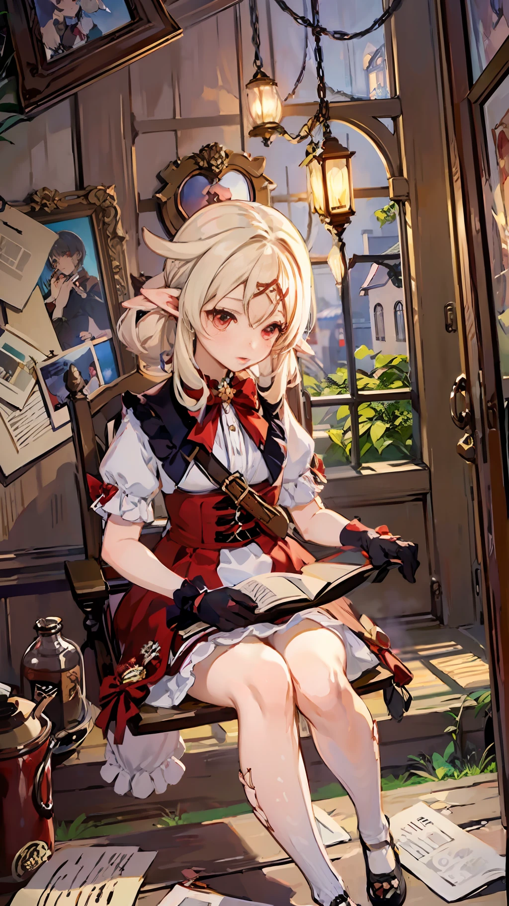 A girl holding a picture frame sits in a dark house,Her right hand covered her nose with a picture frame,Eyes looking upwards,Hold a quill in his left hand,Storytelling。A large drawing behind the girl is also beautiful。Under the girl's feet is the light that shines through the open door,There are many figures in the light。There are fragments in the whole picture,Inside is a picture of the girl's memory。
