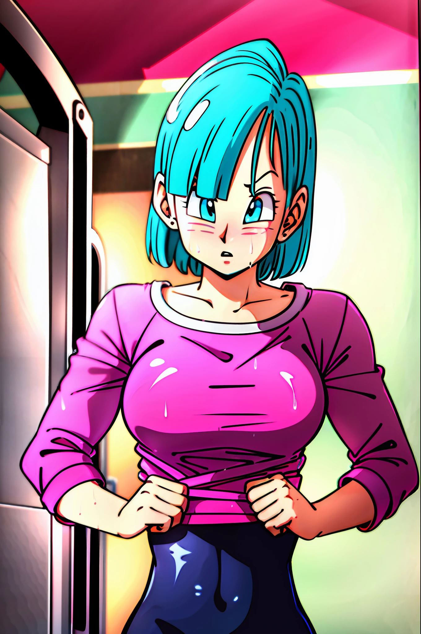 Bulma, best quality, skintight clothes, wet clothes, lifting shirt, pink shirt, bulma shirt