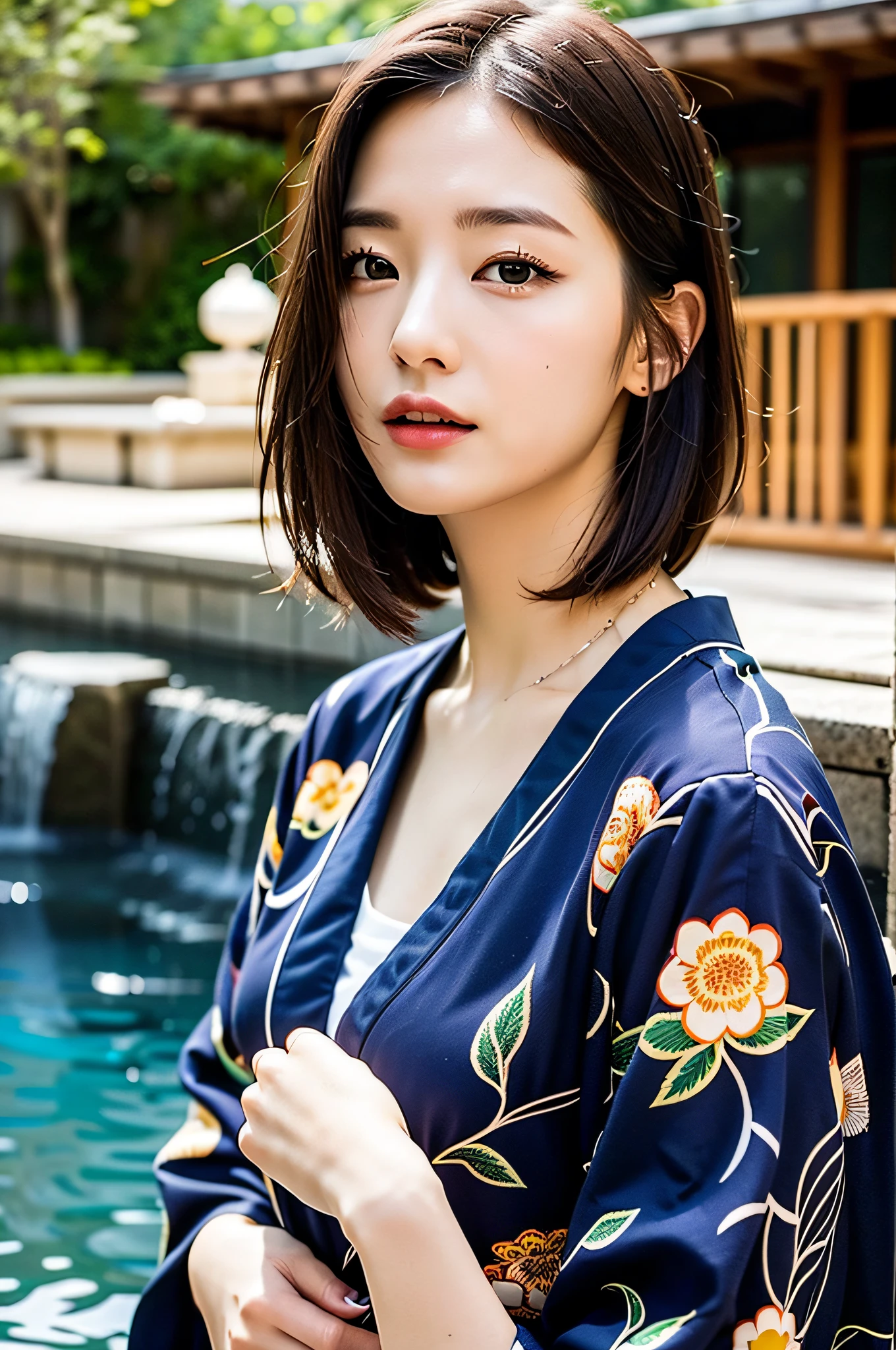 Close up photo of a girl、shorth hair、Wearing a kimono with a Japanese pattern、Hot spring in the background、Natural hot springs
Highest Quality、realisitic、photoreallistic、(and intricate detailing:1.2)、(delicate detail)、(cinematiclight、best quality backlight)、Clear Line、foco nítido、lifelike face、Detailed face
Unity 8K Wallpapers、ultra-high-resolution、(photoreallistic:1.4)、
