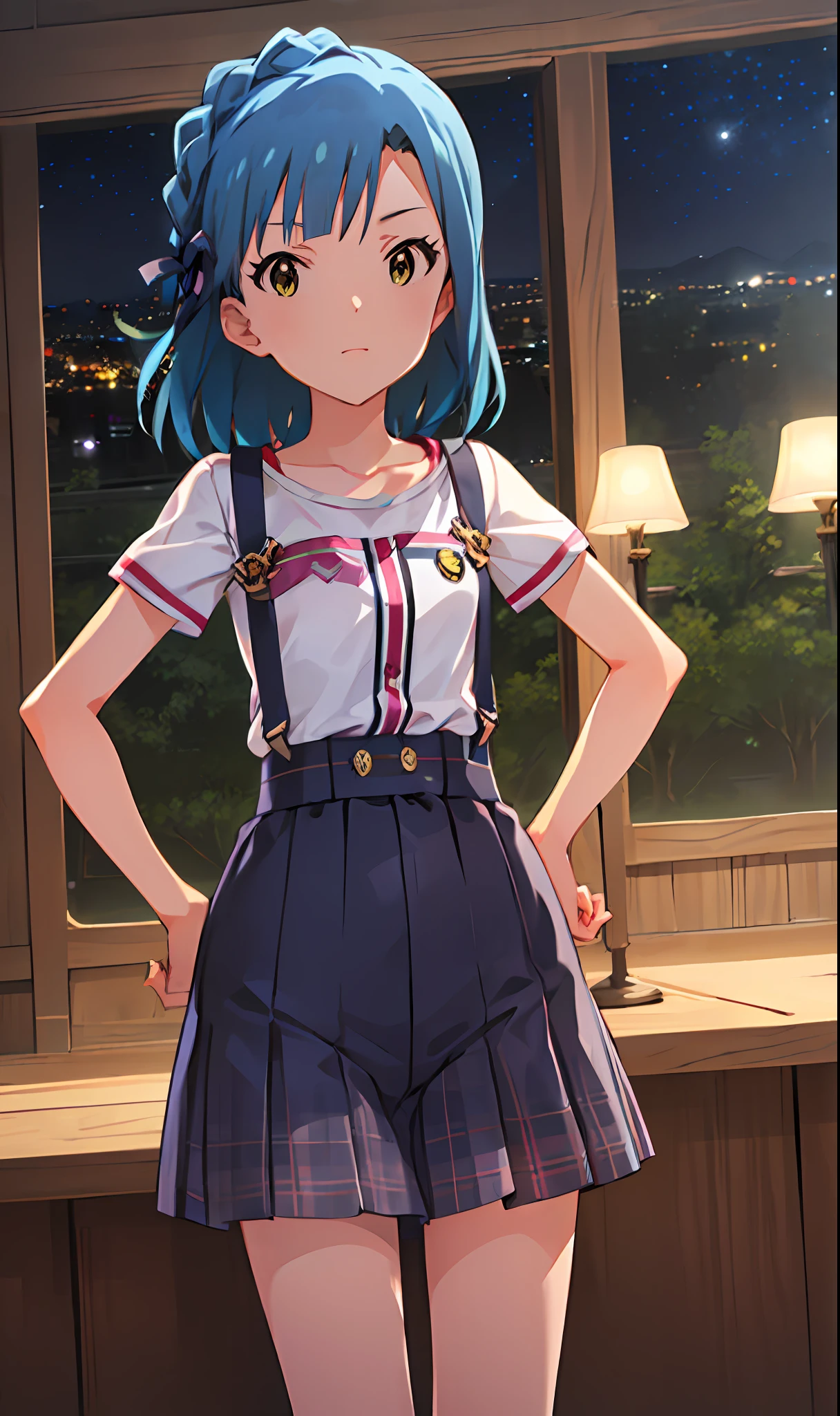 yuriko nanao (million live). Short stature. white t-shirts. suspenders.Skirt.(((masutepiece))).(((Best quality))).)((Ultra-detailed))).(((Illustration))). (((Put your hands on your hips))).(((Night view))).make a fist.up chest.Look at viewers.