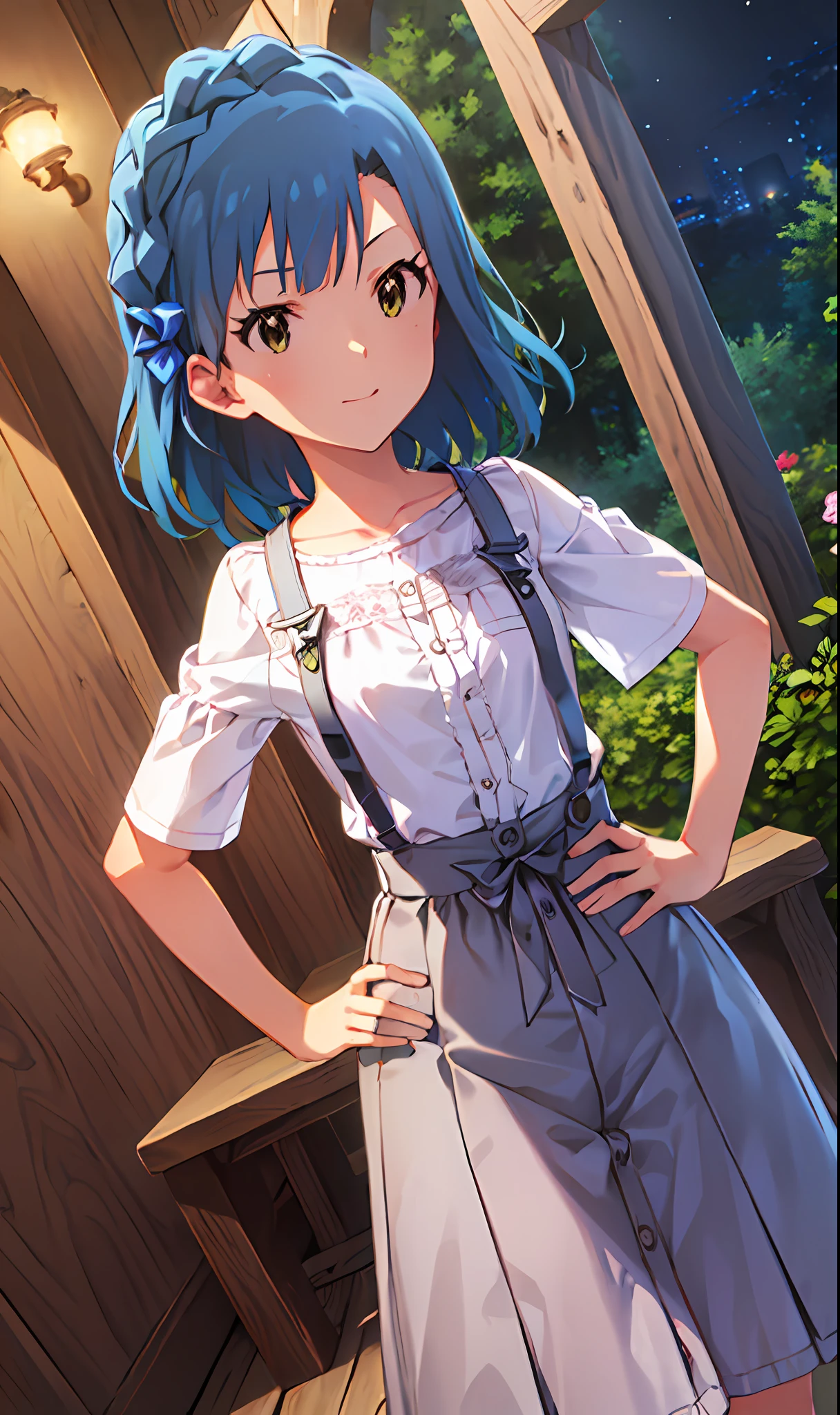 yuriko nanao (million live). short stature. white t-shirts. suspenders.skirt.(((masterpiece))).(((best quality))).)((ultra-detailed))).(((illustration))). (((put your hands on your hips))).(((night view))).make a fist.