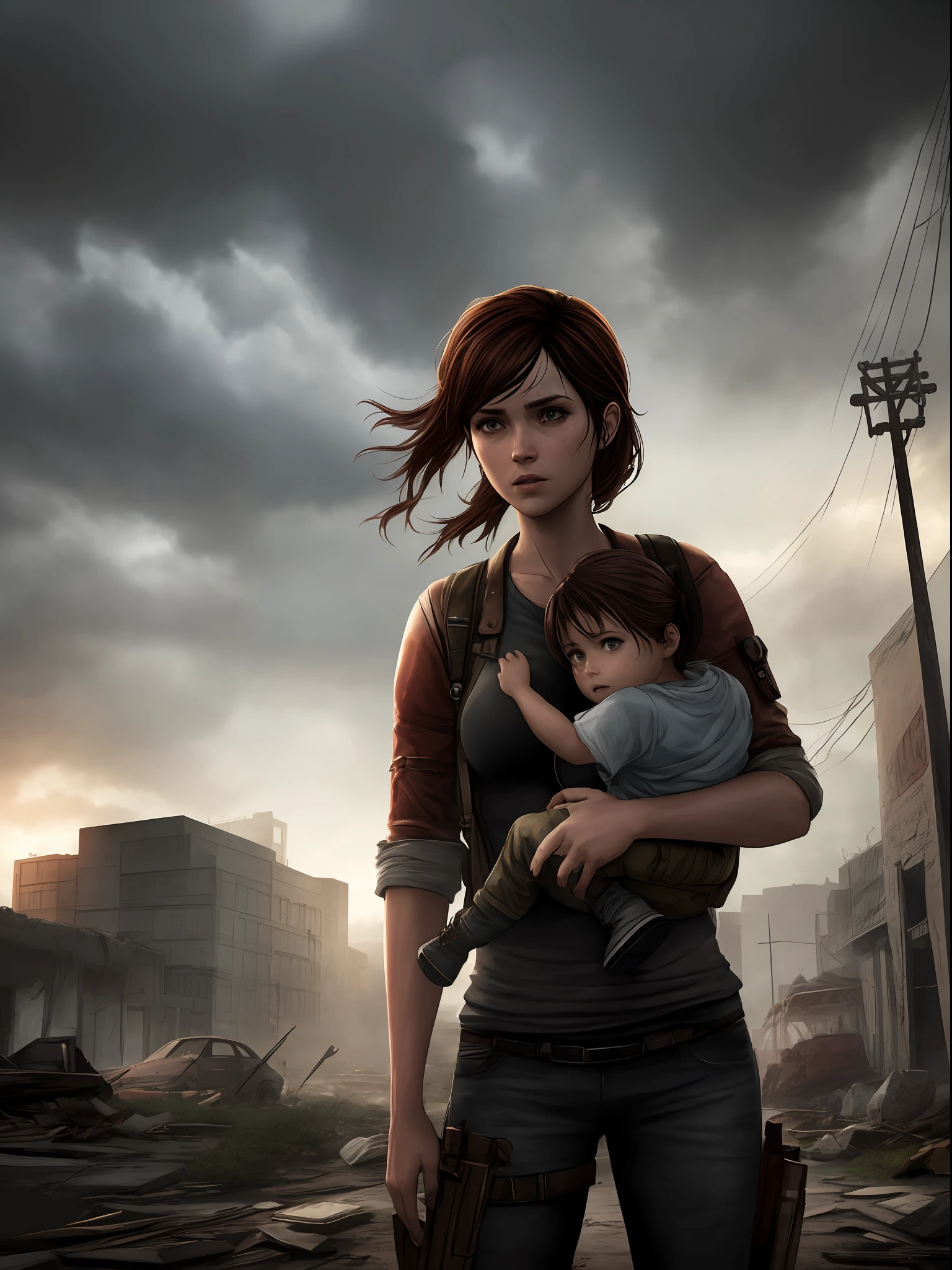 Imagine uma capa para o livro "Fim", A Story of Survival in the Zombie Apocalypse. A capa apresenta um fundo escuro e opressivo, with threatening clouds. No centro da capa, Destaques Vick, a protagonista corajosa, , Holding the baby in your arms, Ellie Face The Last of Us Game. She's in a pose of determination, with the gaze reflecting courage and resilience. Ao redor de Vick, sombras sinistras de zumbis se destacam, conveying the constant threat she faces. The title "Fim" aparece em letras marcantes e impactantes, talvez com um efeito de textura ou sombreamento. detalhes sutis, as rubble or a symbol representative of the plot, can be added to accentuate the post-apocalyptic mood.
