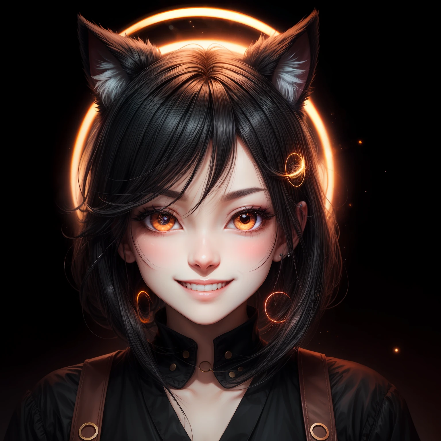 black hair, hair bobbles, wince, longeyelashes, solid circle eyes, fake animal ears, light smile, ear blush, fang, Surrealism, drop shadow, anaglyph, stereogram, tachi-e, pov, atmospheric perspective, 8k, super detail, ccurate, best quality --auto