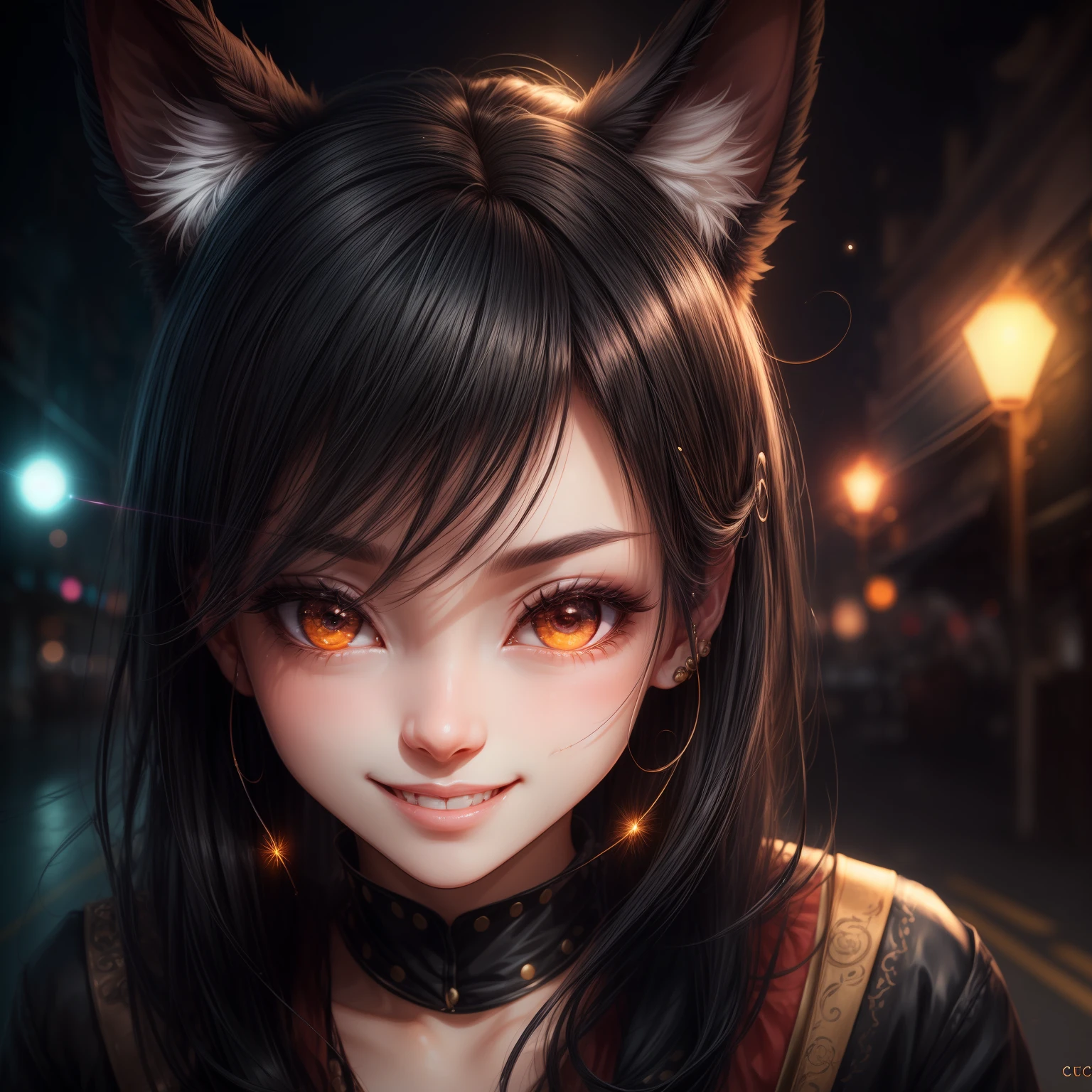 black hair, hair bobbles, wince, longeyelashes, solid circle eyes, fake animal ears, light smile, ear blush, fang, Surrealism, drop shadow, anaglyph, stereogram, tachi-e, pov, atmospheric perspective, 8k, super detail, ccurate, best quality --auto