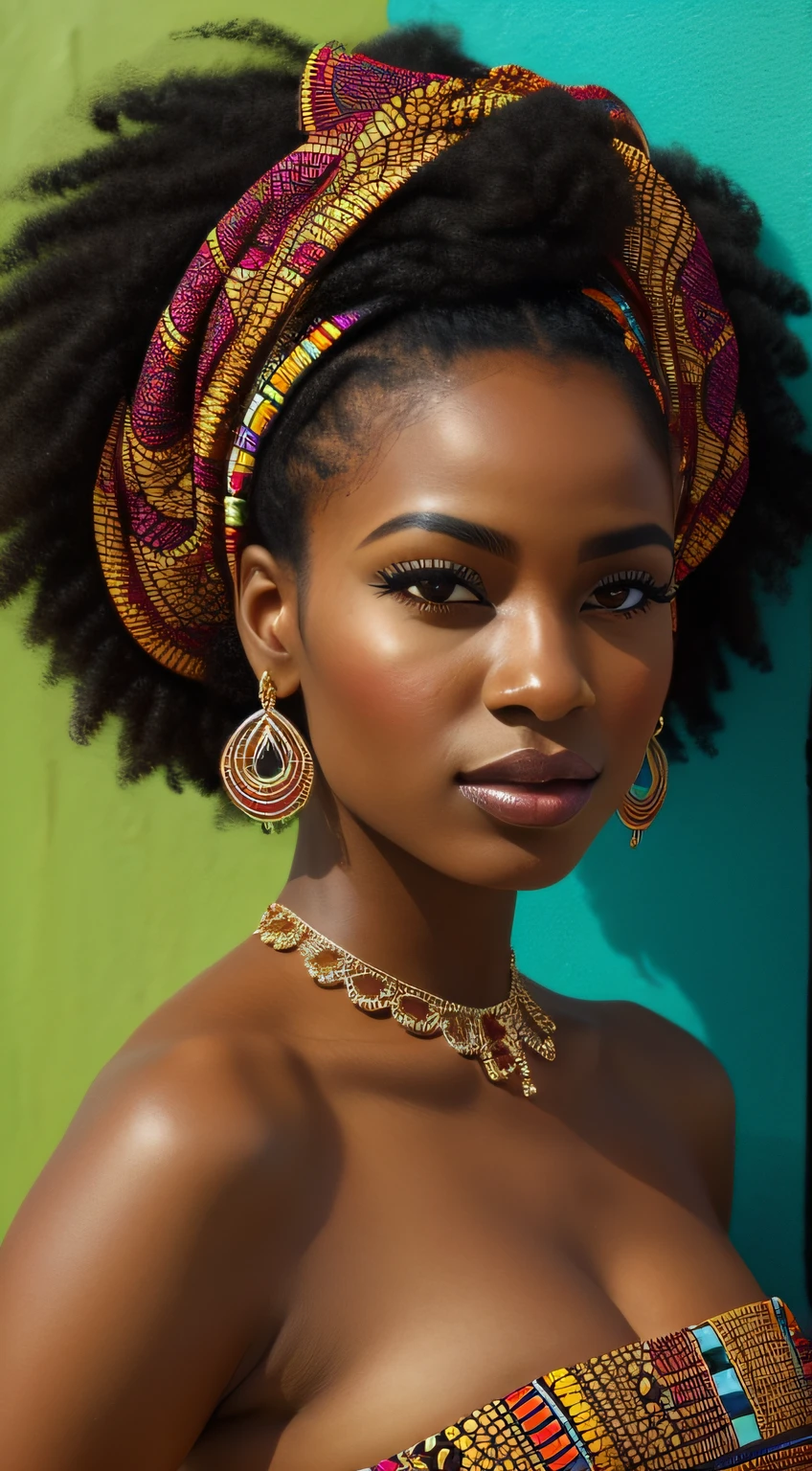 An image of a stunning black woman depicted in vibrant colors and patterns, celebrating her African heritage. A arte apresenta detalhes intrincados e pinceladas ousadas, capturing the essence of her beauty and radiance. The image is ideal for a contemporary and culturally inspired wall art piece.