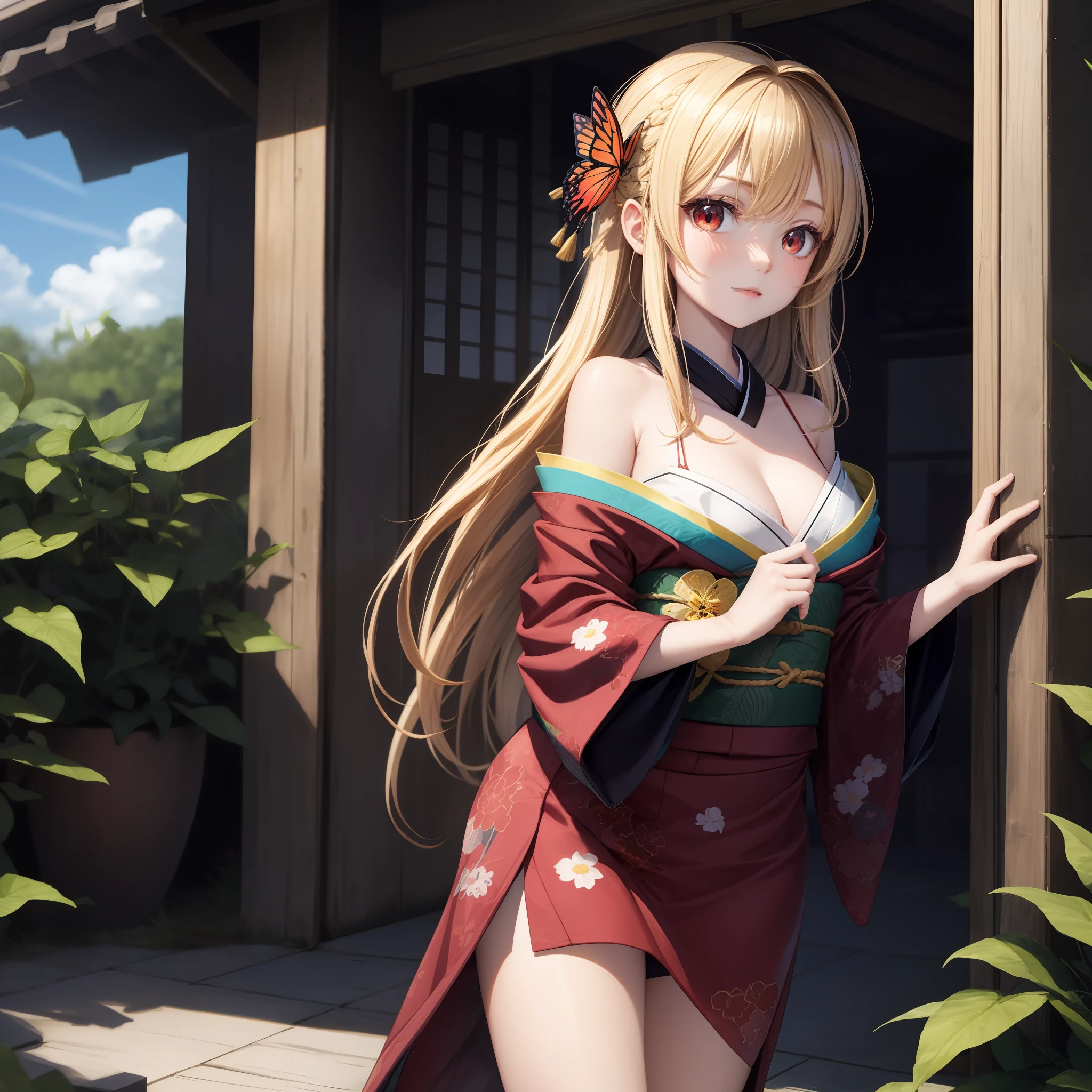 animated cartoon、One blonde girl with red eyes、Kimono、off shoulders、butterflys々Hair ornaments