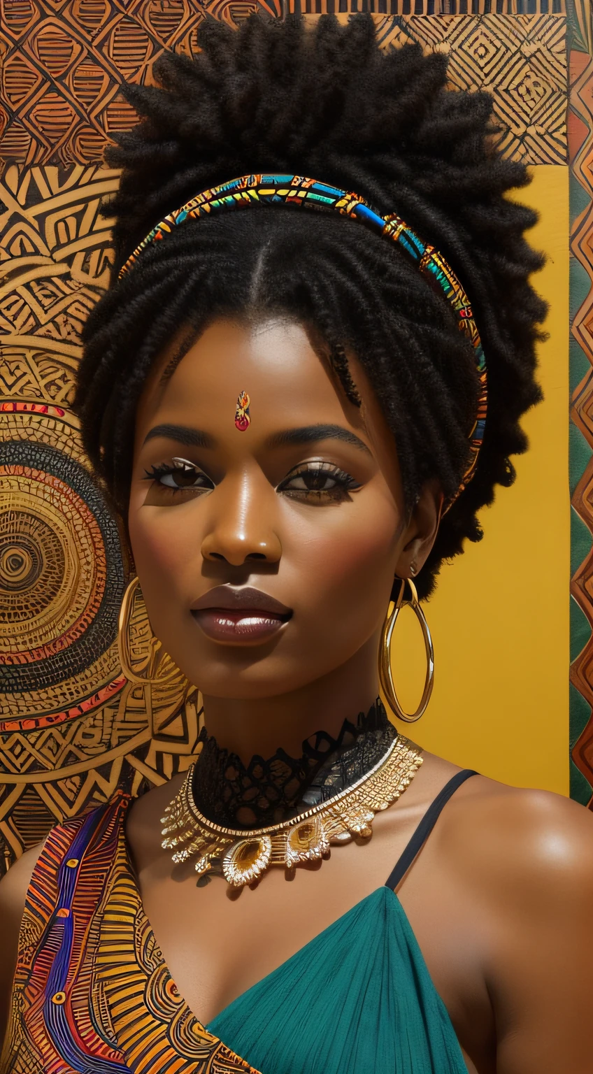 An image of a stunning black woman depicted in vibrant colors and patterns, celebrating her African heritage. A arte apresenta detalhes intrincados e pinceladas ousadas, capturing the essence of her beauty and radiance. The image is ideal for a contemporary and culturally inspired wall art piece.