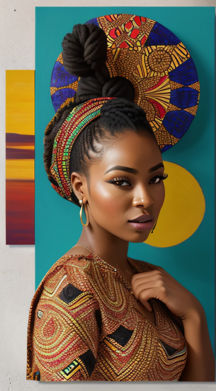 An image of a stunning black woman depicted in vibrant colors and patterns, celebrating her African heritage. A arte apresenta detalhes intrincados e pinceladas ousadas, capturing the essence of her beauty and radiance. The image is ideal for a contemporary and culturally inspired wall art piece.