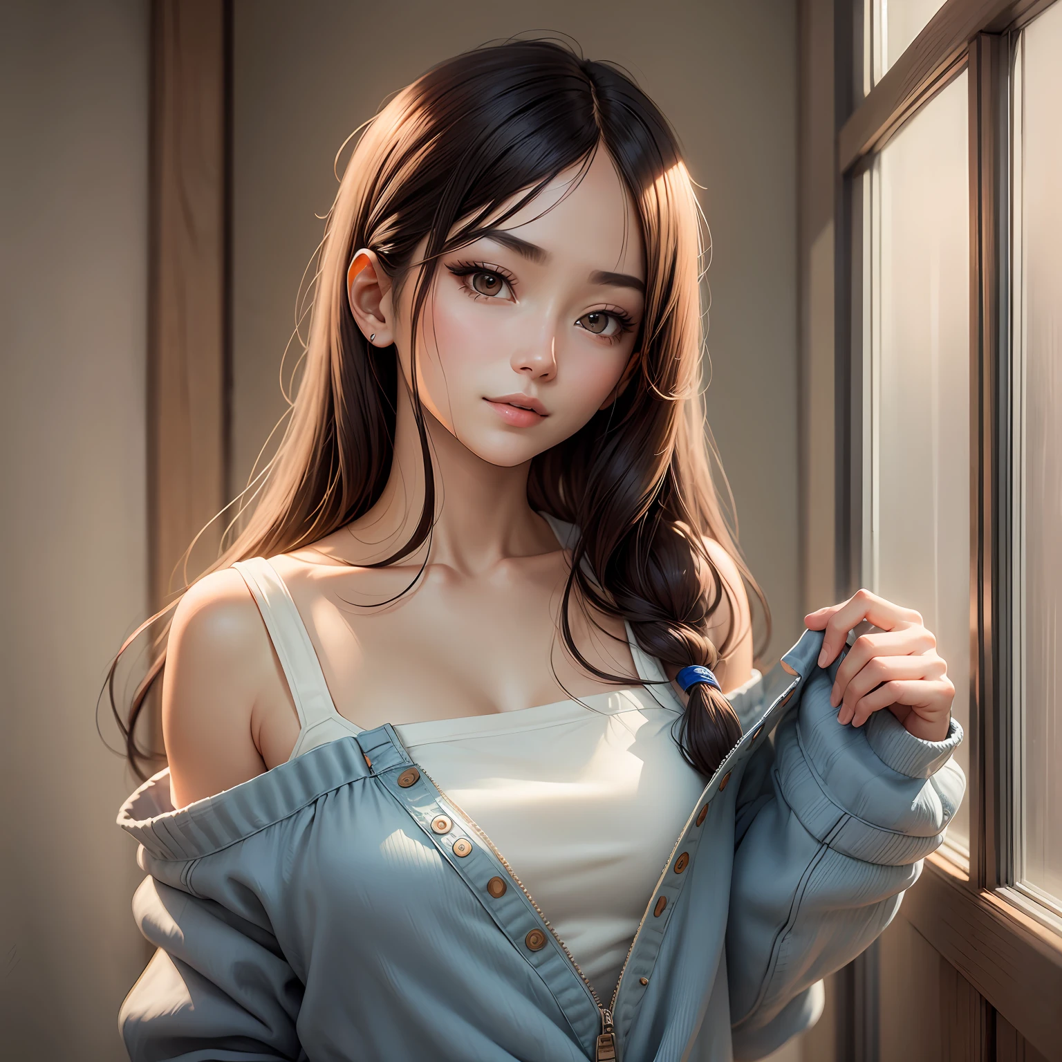 best quality, masterpiece, ultra high res, photorealistic, 1girl, offshoulder, smile --auto