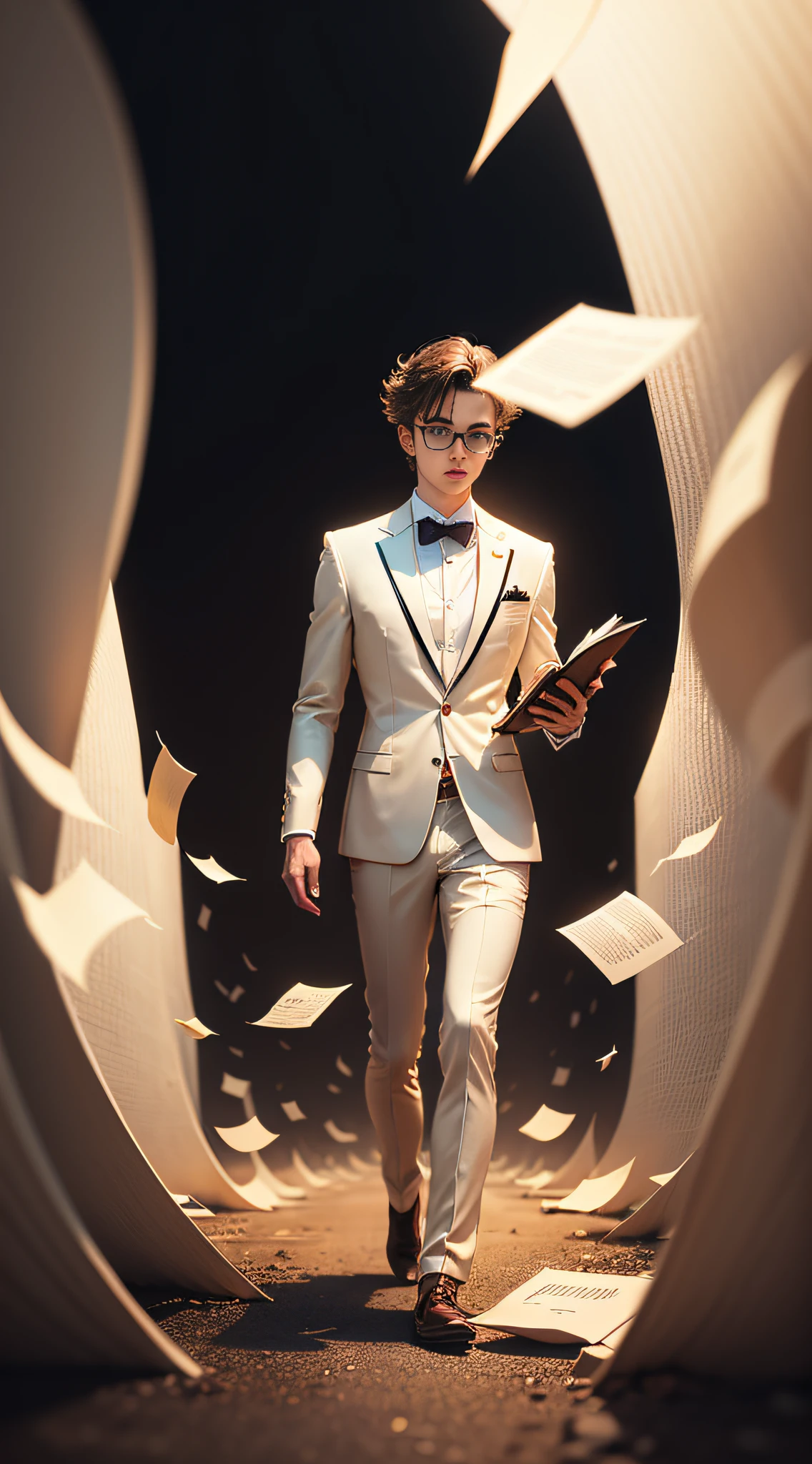 short hair, anaglyph, tachi-e, pov, atmospheric perspective, 8k, super detail, ccurate, best quality, full body, floating young man in white suits, floating book pages, mysterious universe background, gold-wire glasses --auto