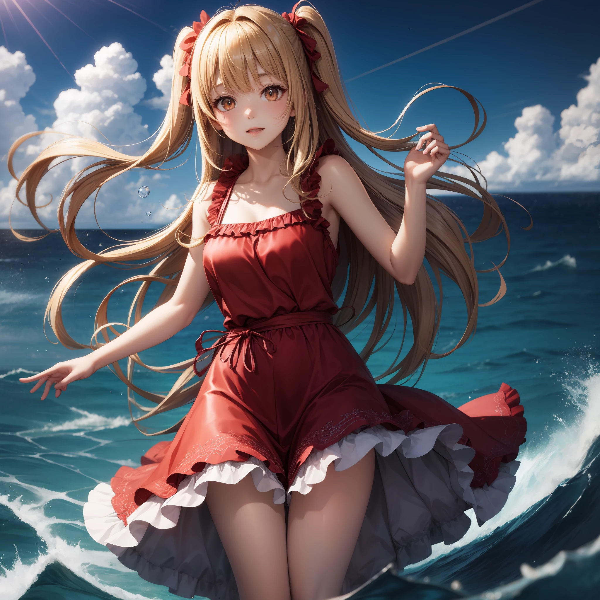 animated cartoon、One beautiful blonde girl、Red-eyed、Dresses with frills、the ocean