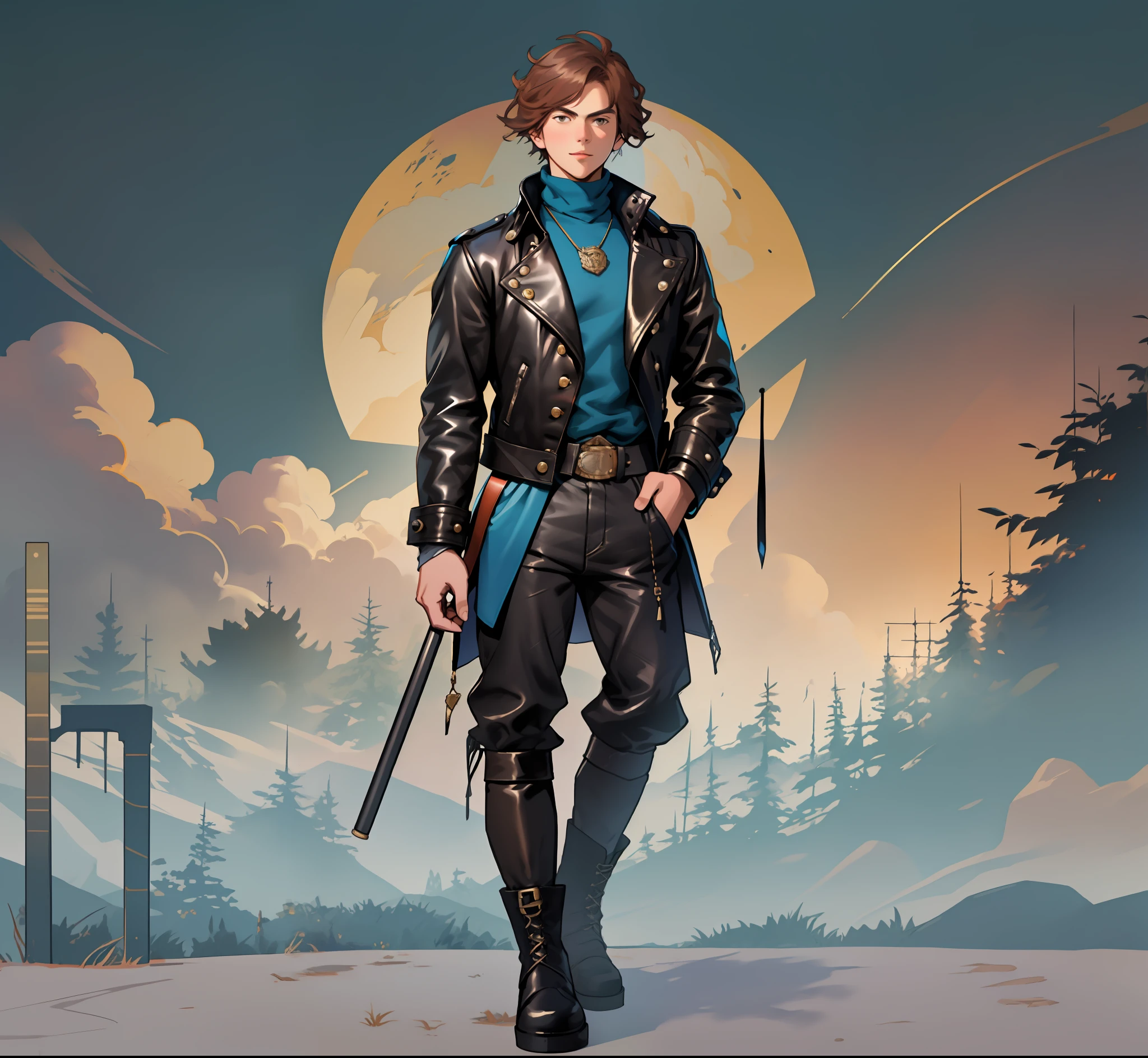 23-year-old young adventurer, short hair,leather jacket, loose pants, knee-high leather boots, holding a telescope,(18th century clothing style:1.3),(Standing posture:1.5),(full body:1.6)