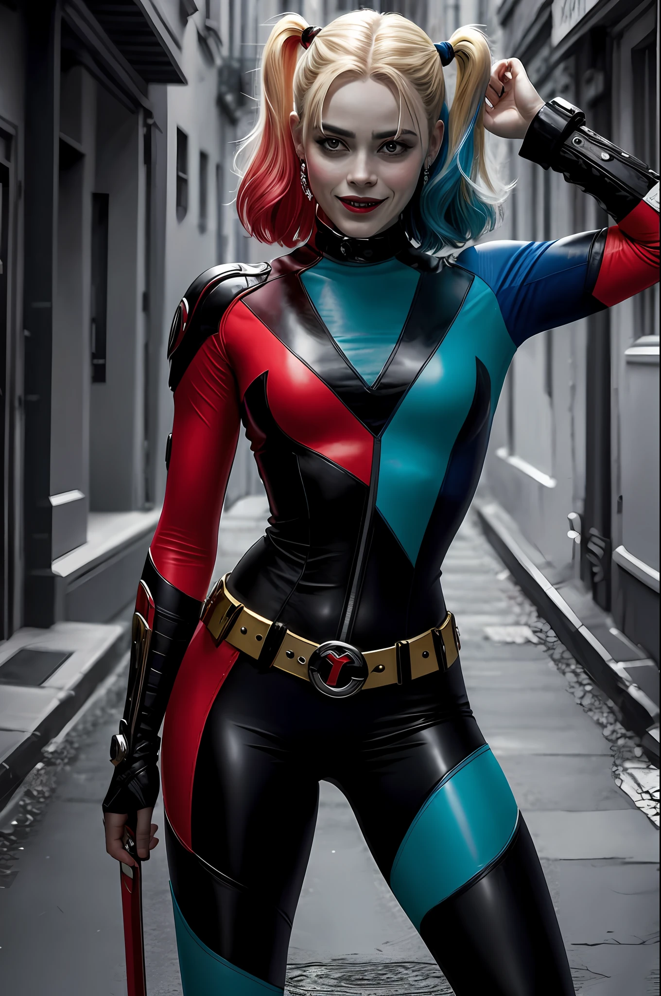 (16k, foto RAW, melhor qualidade, obra-prima: 1.2), ultra-detalhado, arte formal, foto realismo: 1.37, foto do corpo inteiro, (Africana , cabelo crespo colorido) ,( Afro descendente Harley quinn)film grain, villain action pose (risonha))detalhes Dc