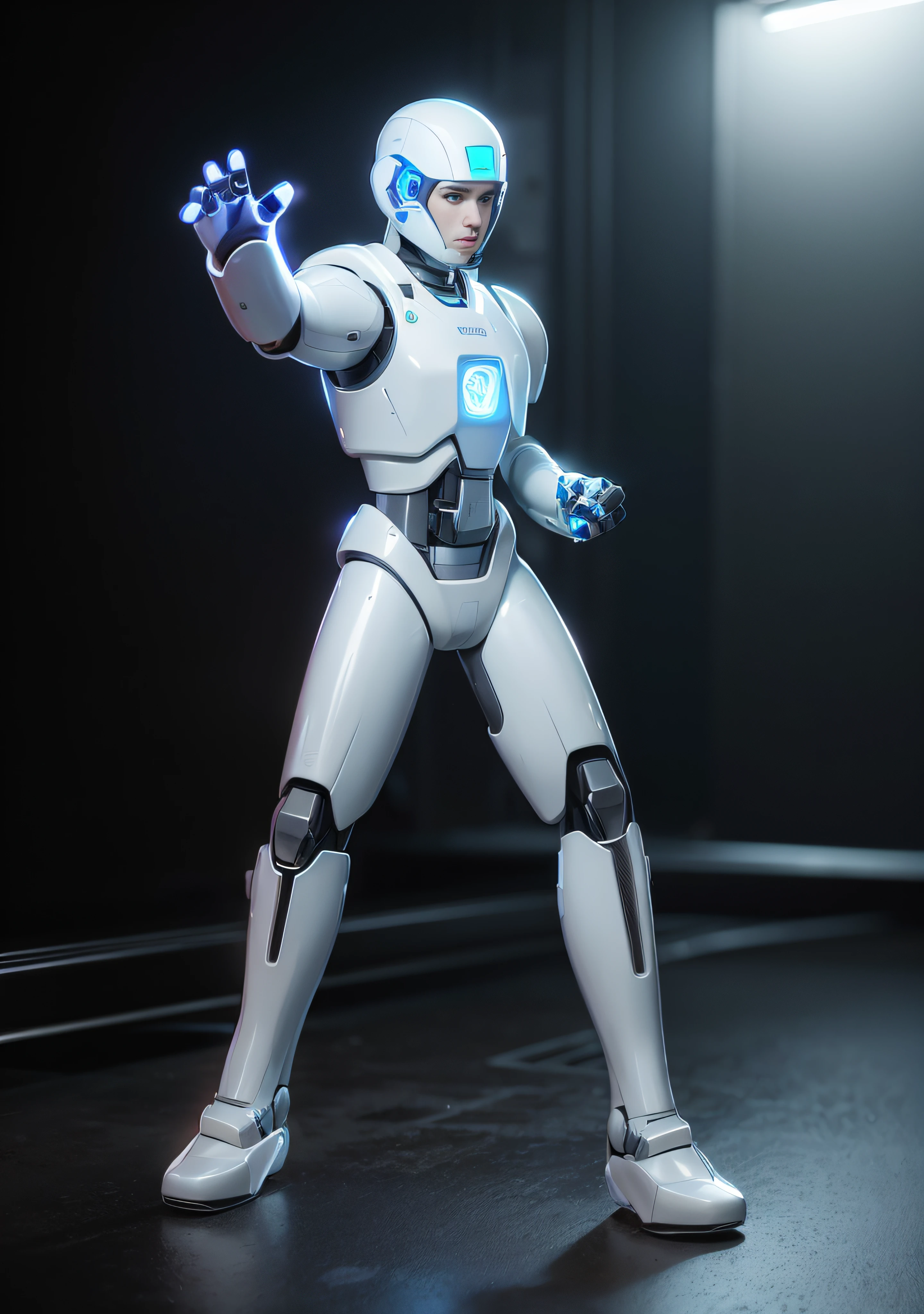 Aalfed robot with blue light on the chest, Male robot, Retro futuristic male robot, echo from overwatch, sci - fi character, Sci-fi robot male, Robot character design, in white futuristic armor, 3 D rendering character art 8 K, male cyborg, Angry male cyborg, Young cyborg man, futuristic robotic, sci - fi character