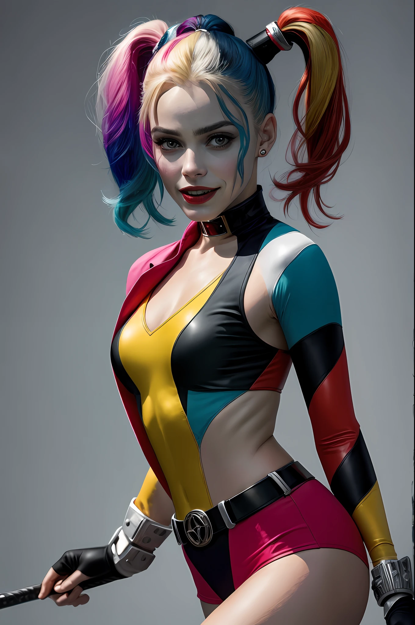 (16k, foto RAW, melhor qualidade, obra-prima: 1.2), ultra-detalhado, arte formal, foto realismo: 1.37, foto do corpo inteiro, (Africana , cabelo crespo colorido) ,( Afro descendente Harley quinn)film grain, villain action pose (risonha))detalhes Dc