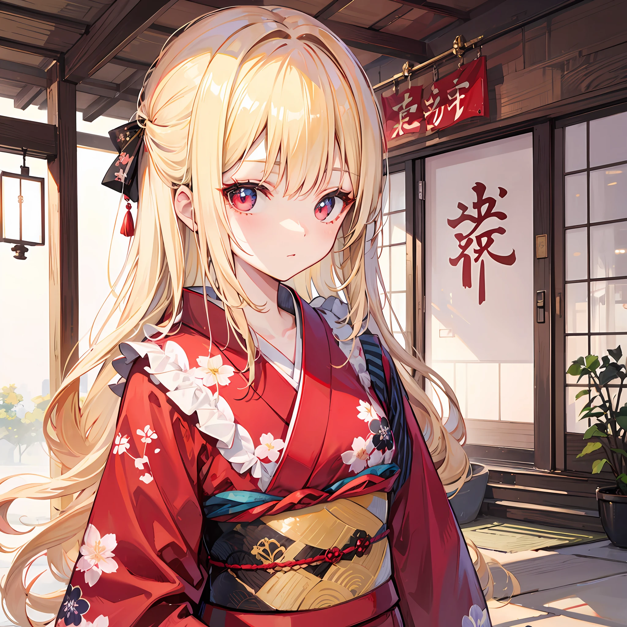 One blonde girl、Red-eyed、Kimono