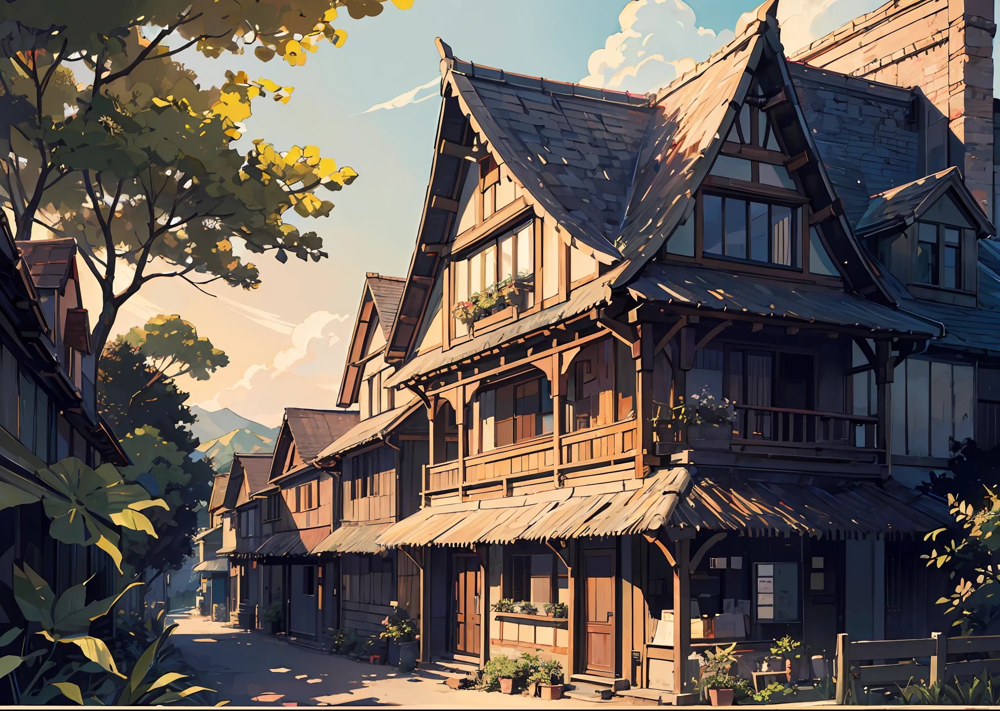 outdoor in the golden hour
Background Ghibli style village,
(fujifilm 16k) ,hyperrealistic, intricate detail, autolevel, dark, art nouveau, dramatic, desaturated, (expansive), intricate