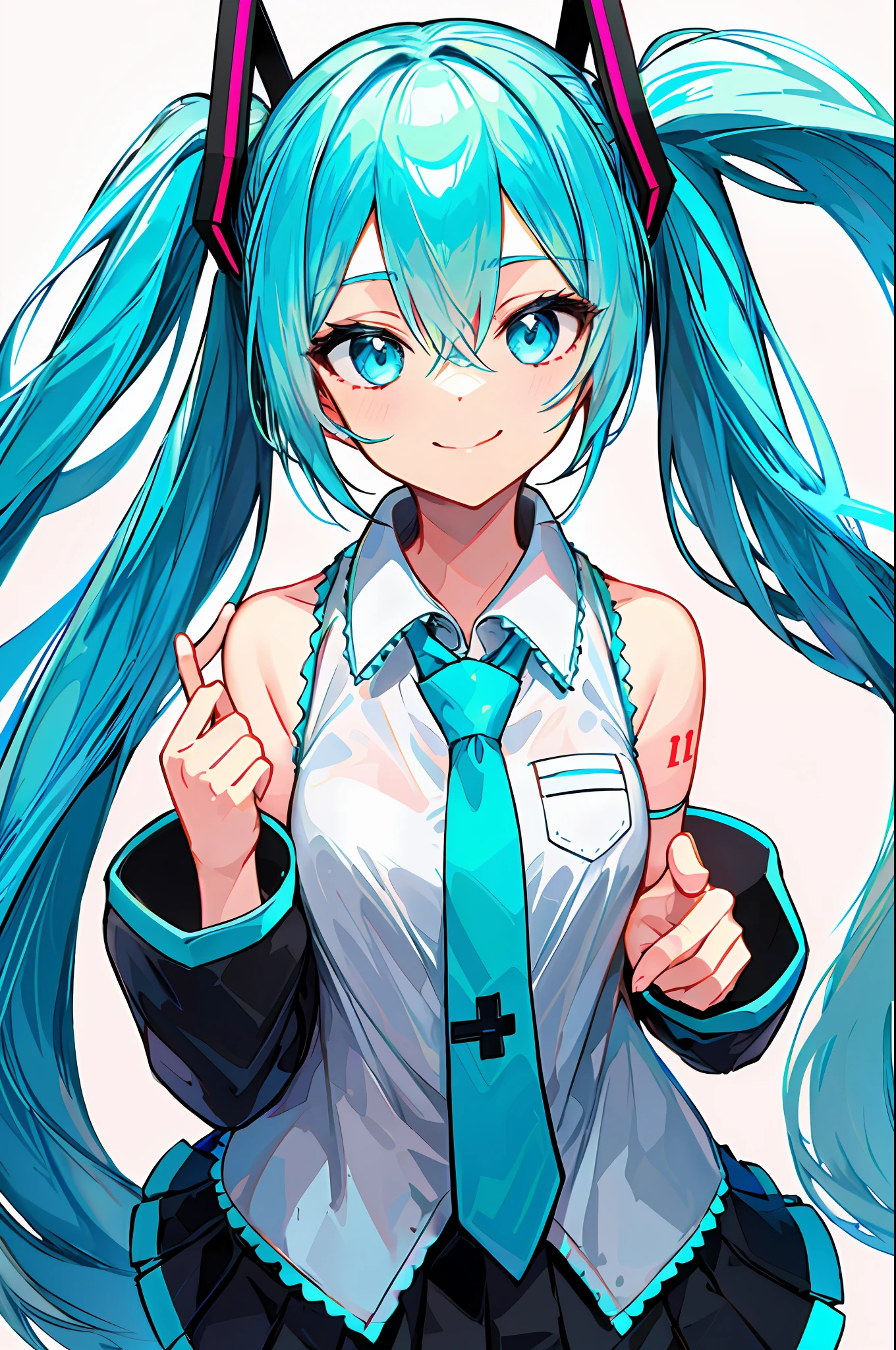 masterpiece, intricate detail,best quality, solo, 1girl, necktie, hatsune miku, twintails, thighhighs, skirt, long hair, detached sleeves, shirt, white background, black skirt, looking at viewer, sleeveless, smile, black thighhighs, white shirt, sleeveless shirt, pleated skirt, black sleeves, aqua necktie, bangs, bare shoulders, hair between eyes, collared shirt, simple background, closed mouth, aqua hair, aqua eyes, very long hair, floating hair