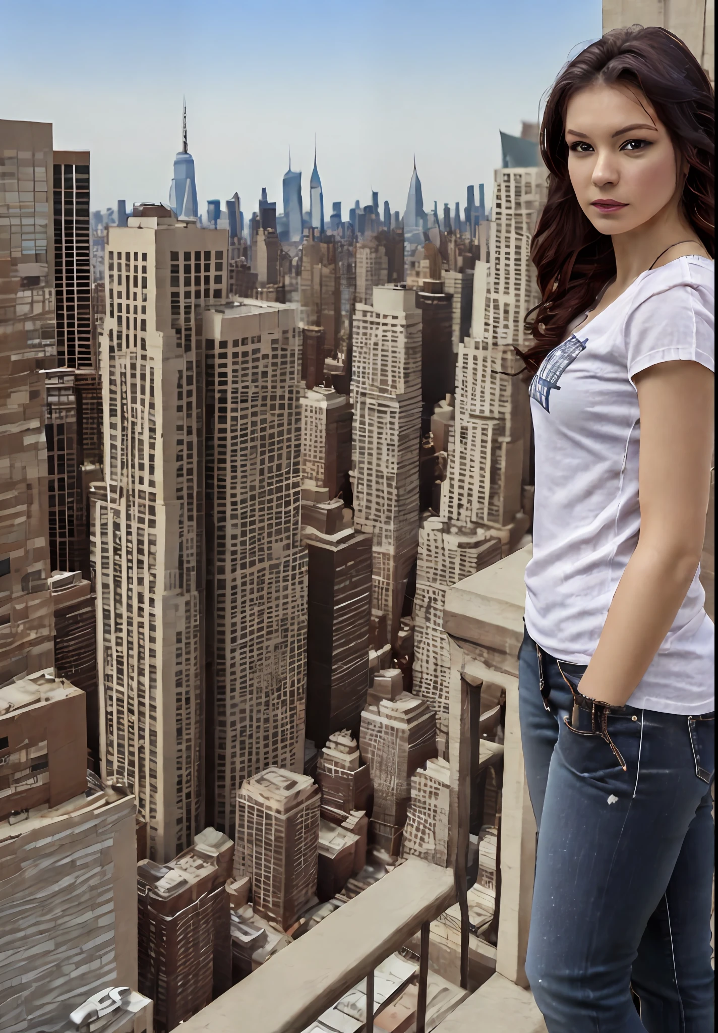 3/4 view,new york cityscape,(best quality:1.6), highres, detailed, intricate, 1girl, black hair, wearing white basic round neck Teeshirt, ripped denim