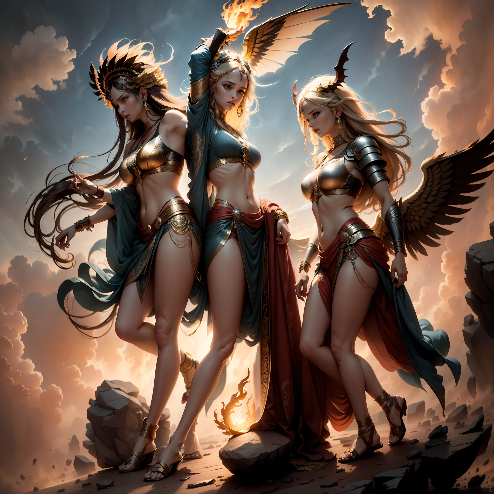 tmasterpiece,Super-High Resolution,An angel stands on a mountain rock and slashes at the flying demons,The battle of angels and demons,The two are fighting,The sky in the background is half overcast and half sunny,salama,The angel shines with light,The ugly devil has bat wings,twinsies,Two characters,