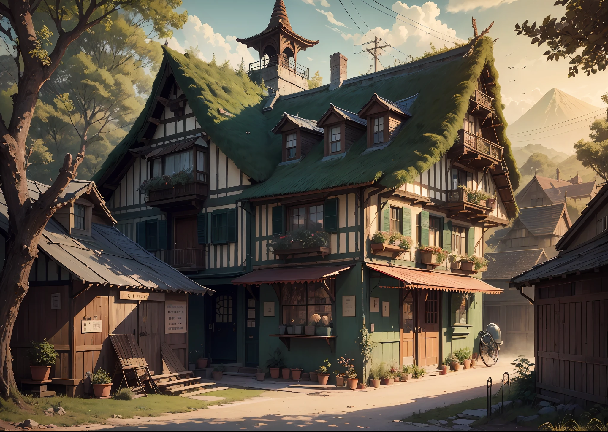 outdoor in the golden hour
Background Ghibli style village,
(fujifilm 16k) ,hyperrealistic, intricate detail, autolevel, dark, art nouveau, dramatic, desaturated, (expansive), intricate