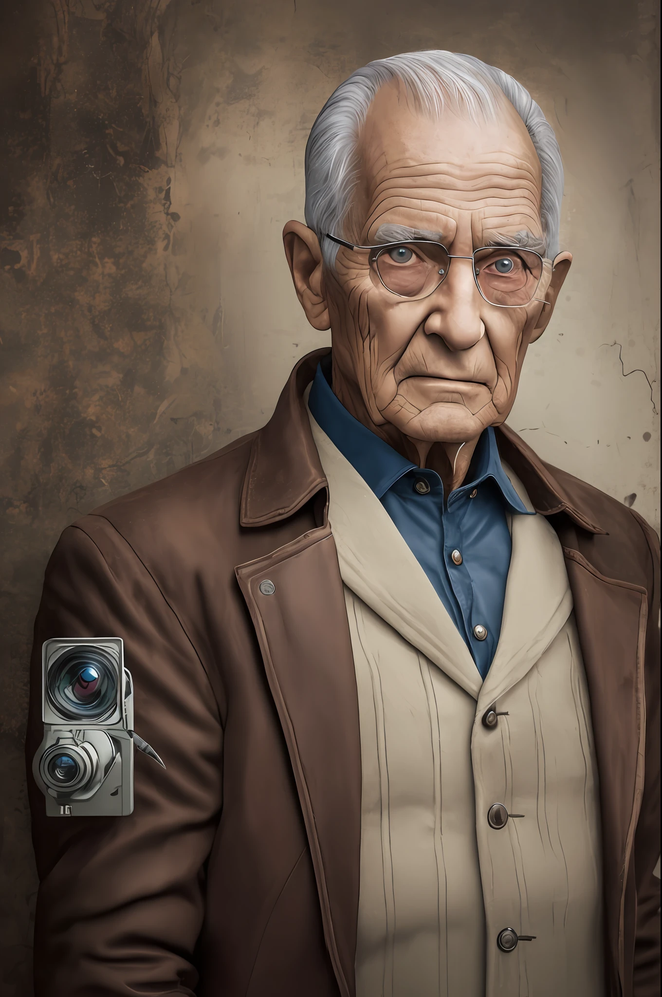 The portrait captures an elderly cyborg dressed in a brown outfit, facing the camera and looking directly at it. It is executed in style reminiscent of the Canon EOS 5D Mark IV, Max Rive and the Ben --auto --s2