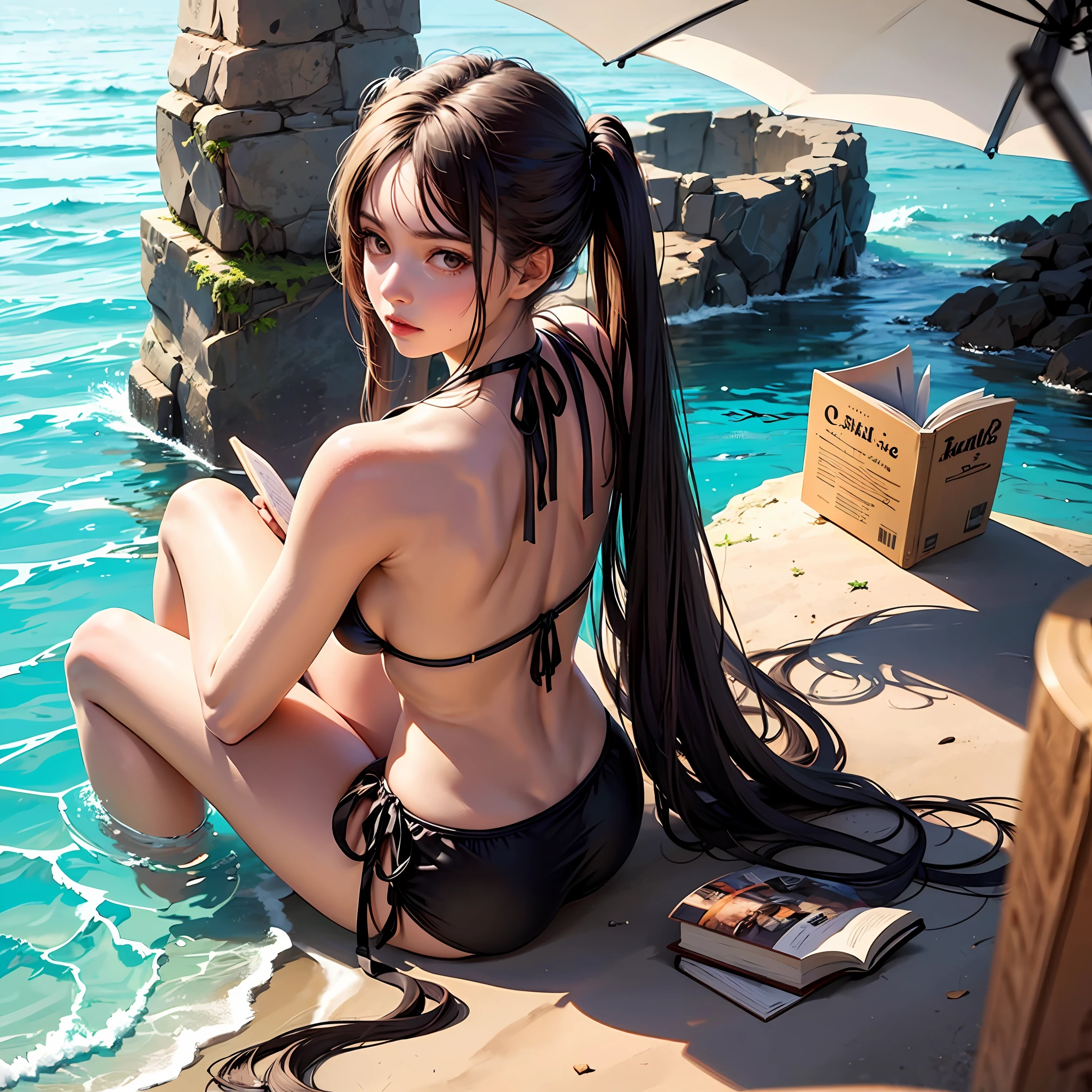 Abeautifulgirl,beachside,Bikini swimsuit,Barefoot,looking at book --auto