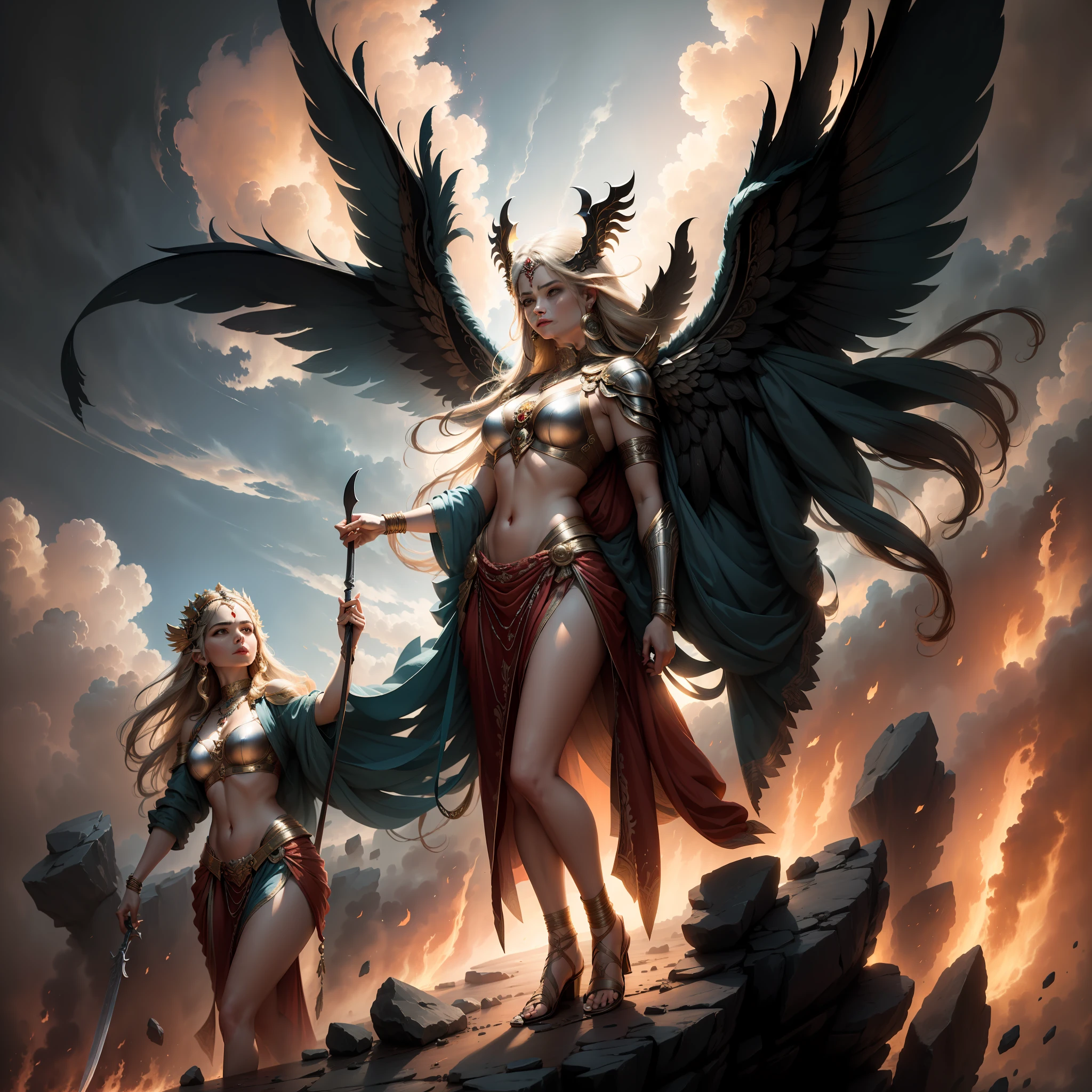 tmasterpiece,Super-High Resolution,An angel stands on a mountain rock and slashes at the flying demons,The battle of angels and demons,The two are fighting,The sky in the background is half overcast and half sunny,salama,The angel shines with light,The ugly devil has bat wings,twinsies,Two characters,