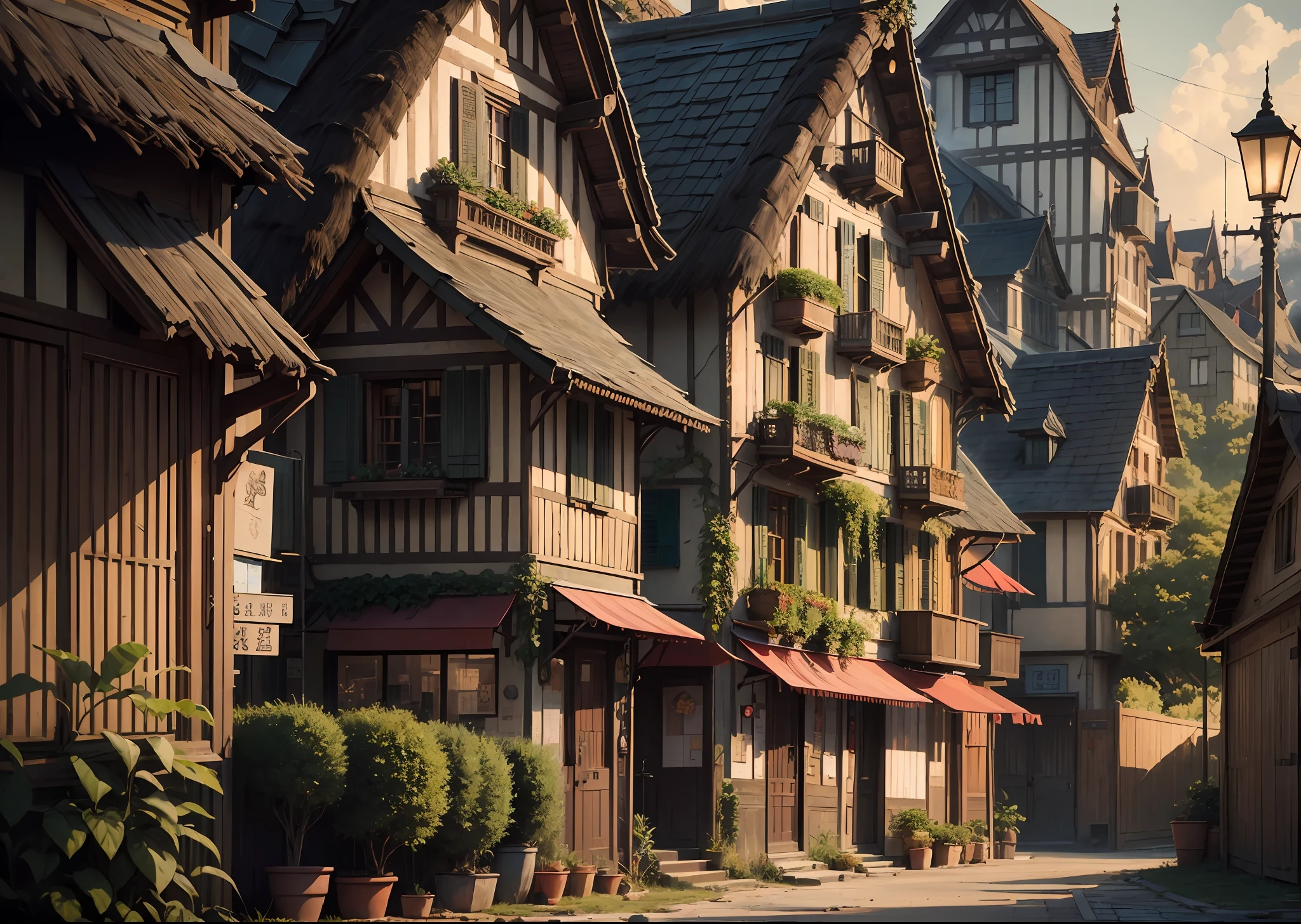 outdoor in the golden hour
Background Ghibli style village,
(fujifilm 16k) ,hyperrealistic, intricate detail, autolevel, dark, art nouveau, dramatic, desaturated, (expansive), intricate