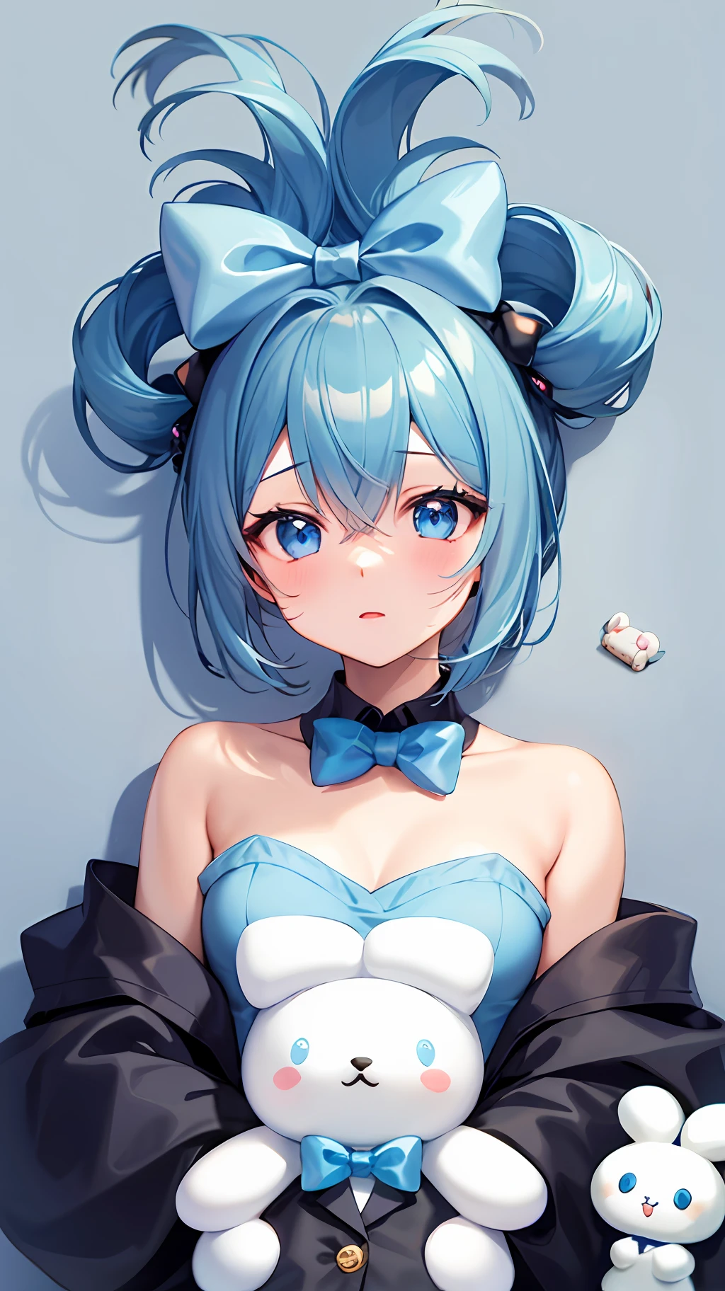 1girl, 独奏, Cinnamiku, Blue hair, blue eyes, hair rings, Hair Bow, blue bow, (cinnamoroll, tied ears, sanrio, 1other, Creature:1.2) black sleeves, bare shoulders, Blue Tie, wide sleeves, shirt with collar, detached sleeves, tie, Blue Tie, kawai,